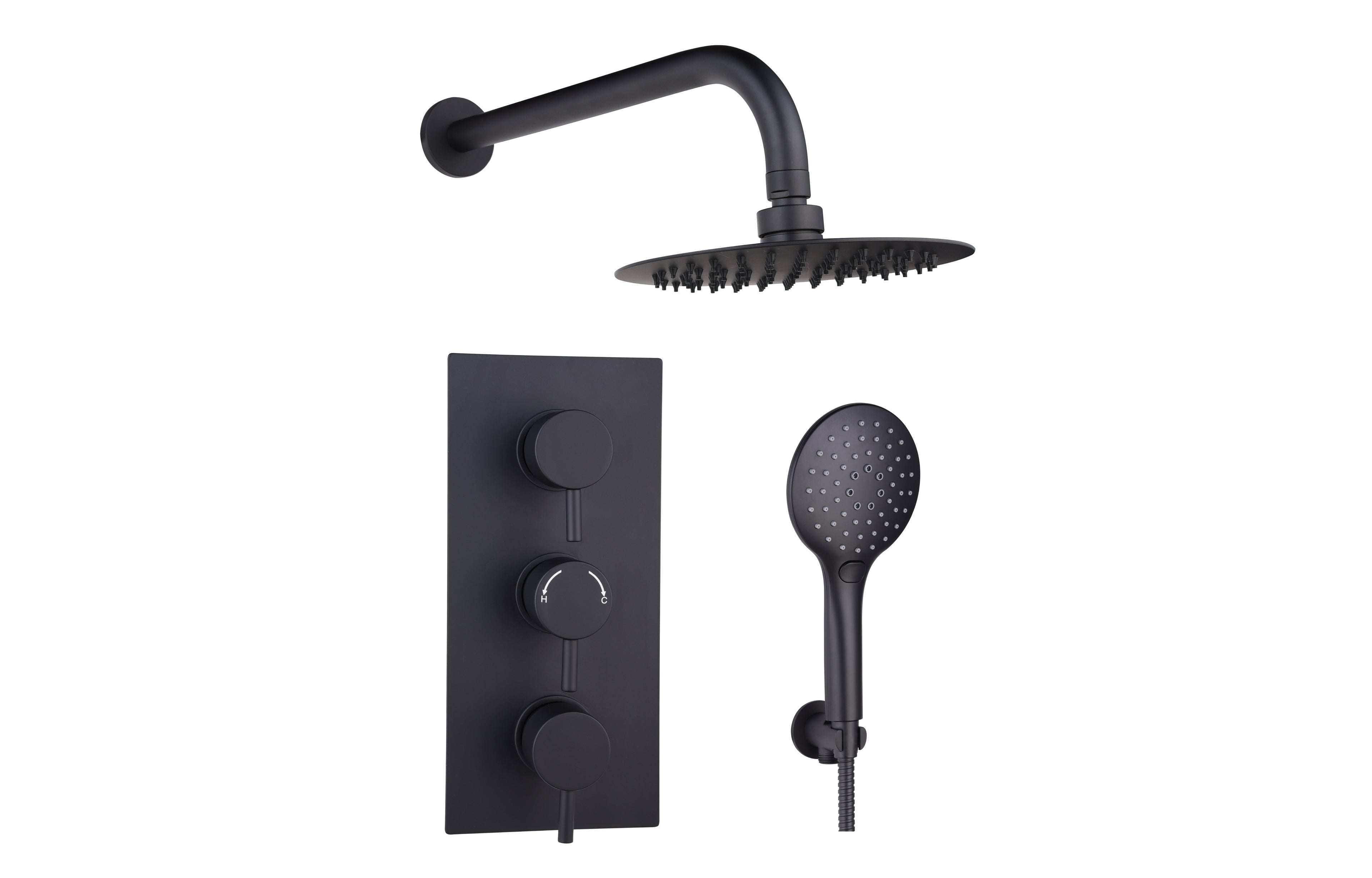 Black Concealed Thermostatic 3 Handle 2 Way Shower Kit with SS Head - Tailored Bathrooms