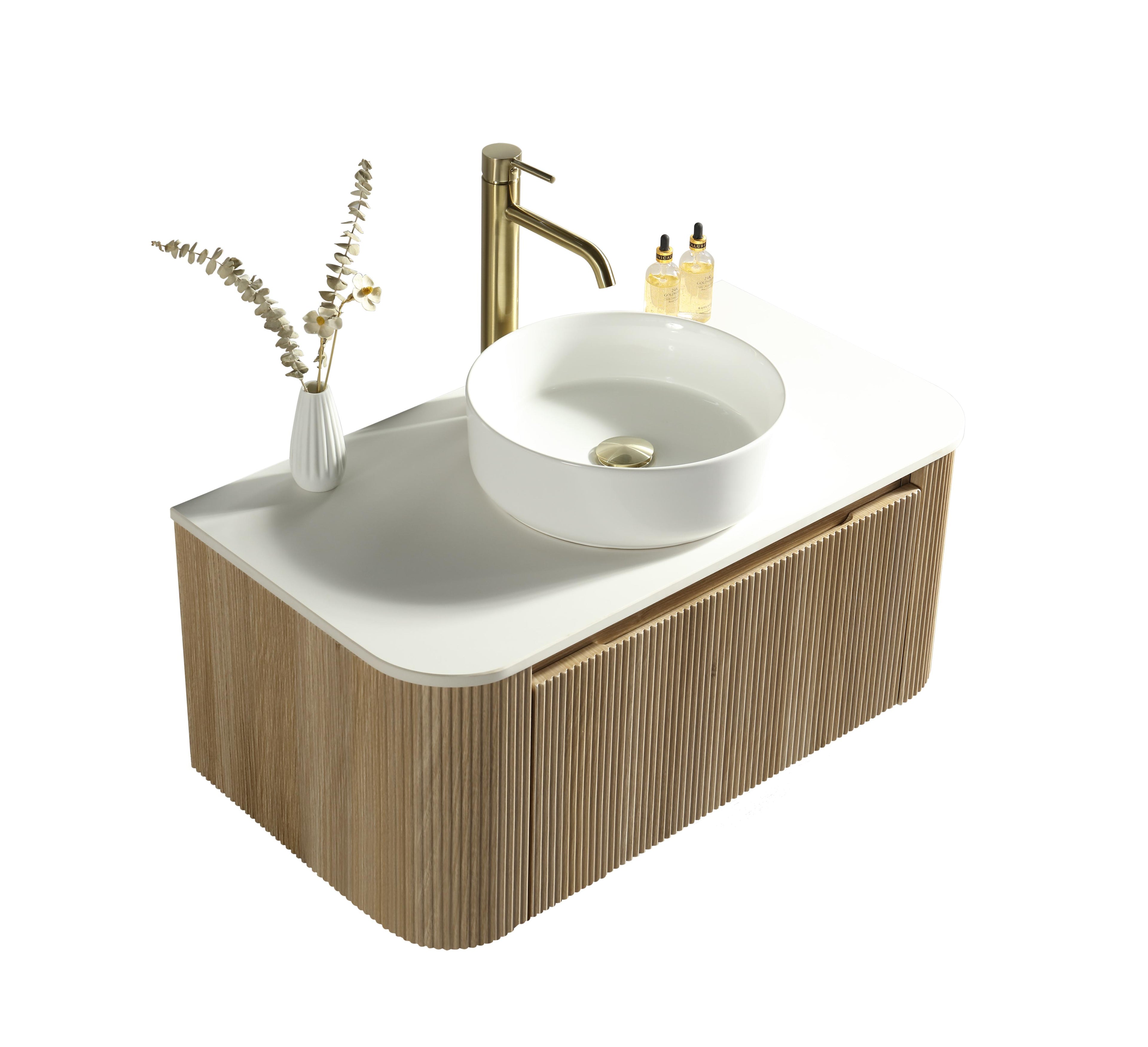 Flauto 870mm Fluted Wall Hung Curve Corner Vanity with Sintered Stone Counter Top - Tailored Bathrooms
