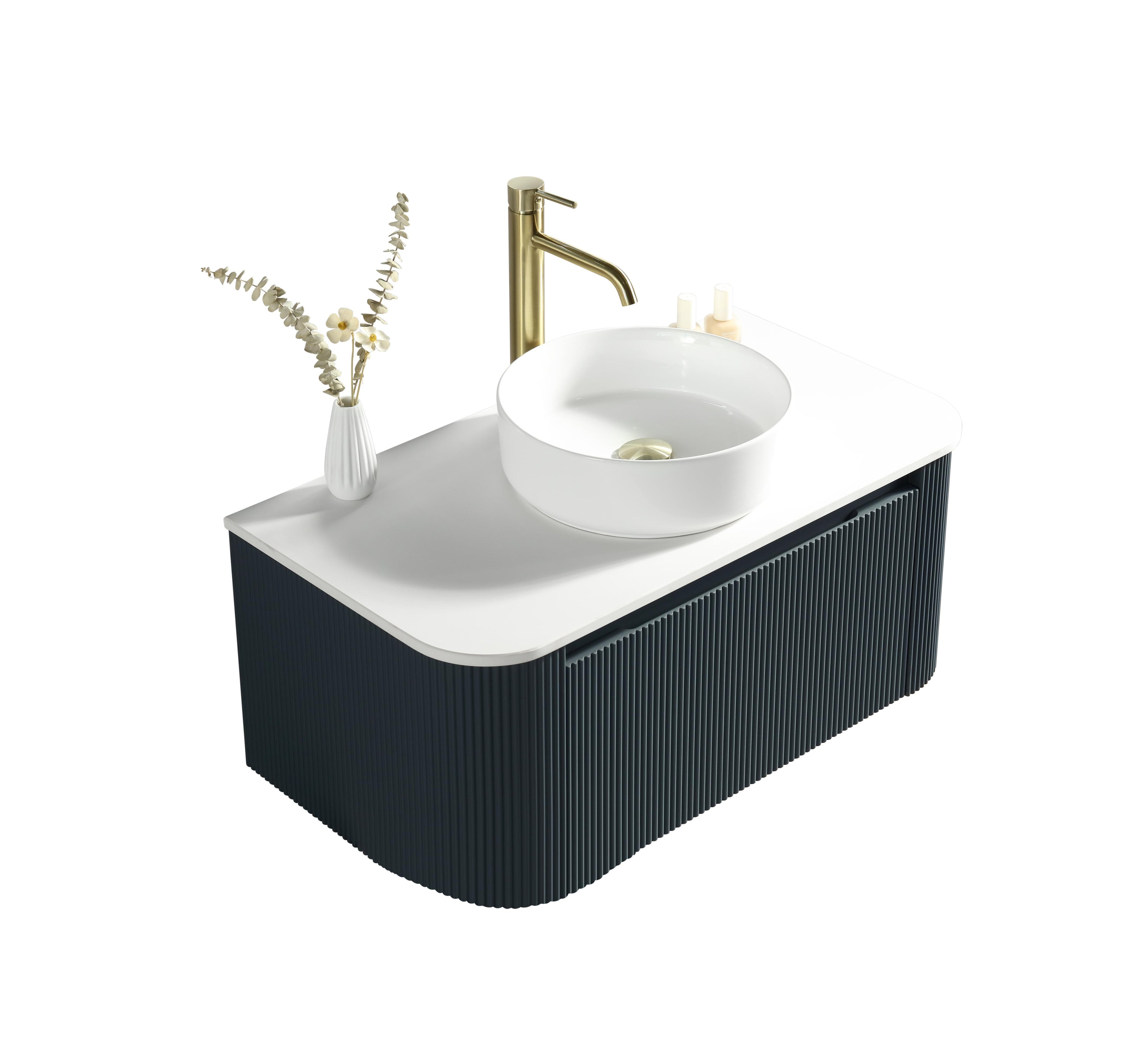 Flauto 870mm Fluted Wall Hung Curve Corner Vanity with Sintered Stone Counter Top - Tailored Bathrooms