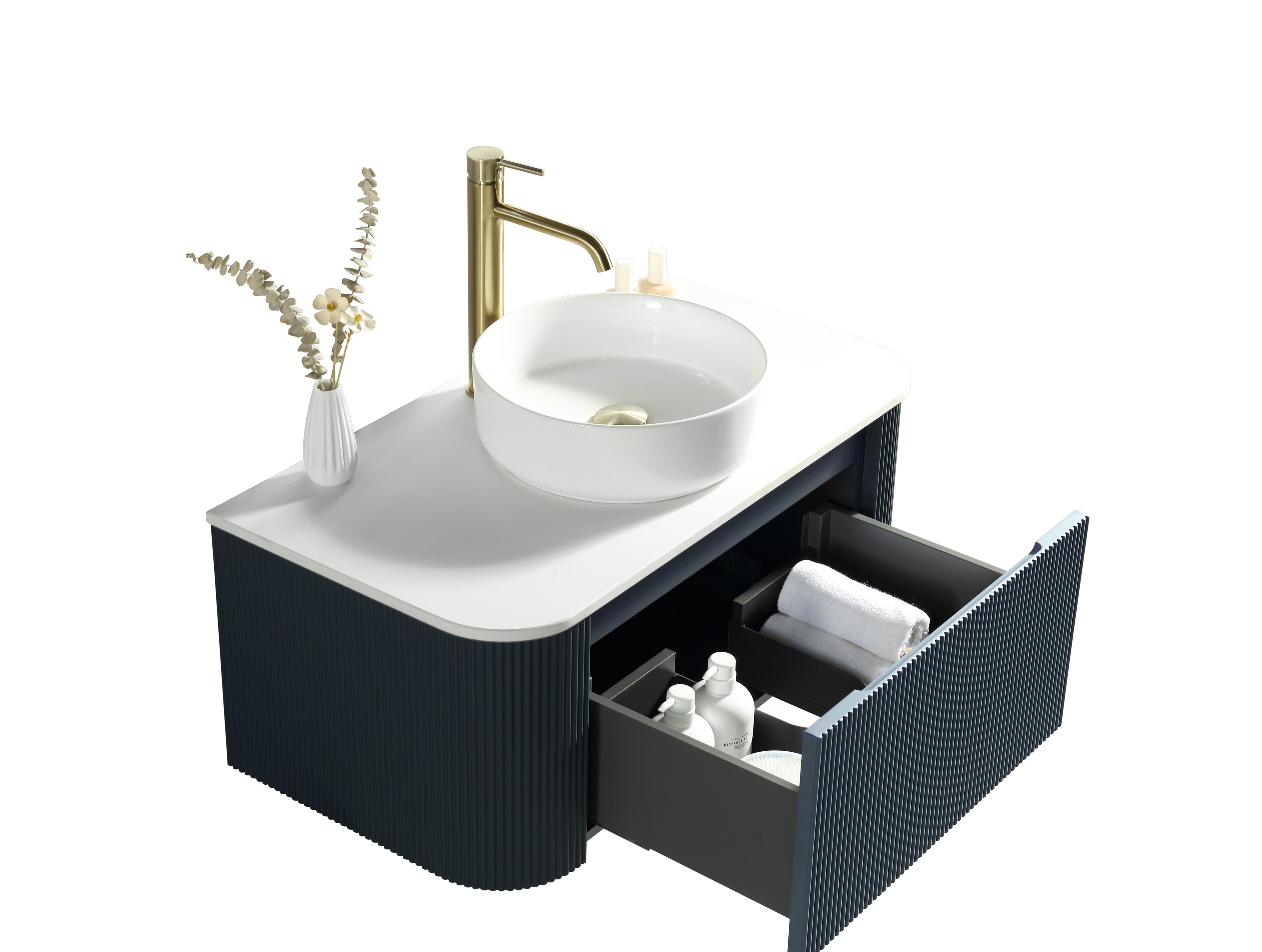 Flauto 870mm Fluted Wall Hung Curve Corner Vanity with Sintered Stone Counter Top - Tailored Bathrooms