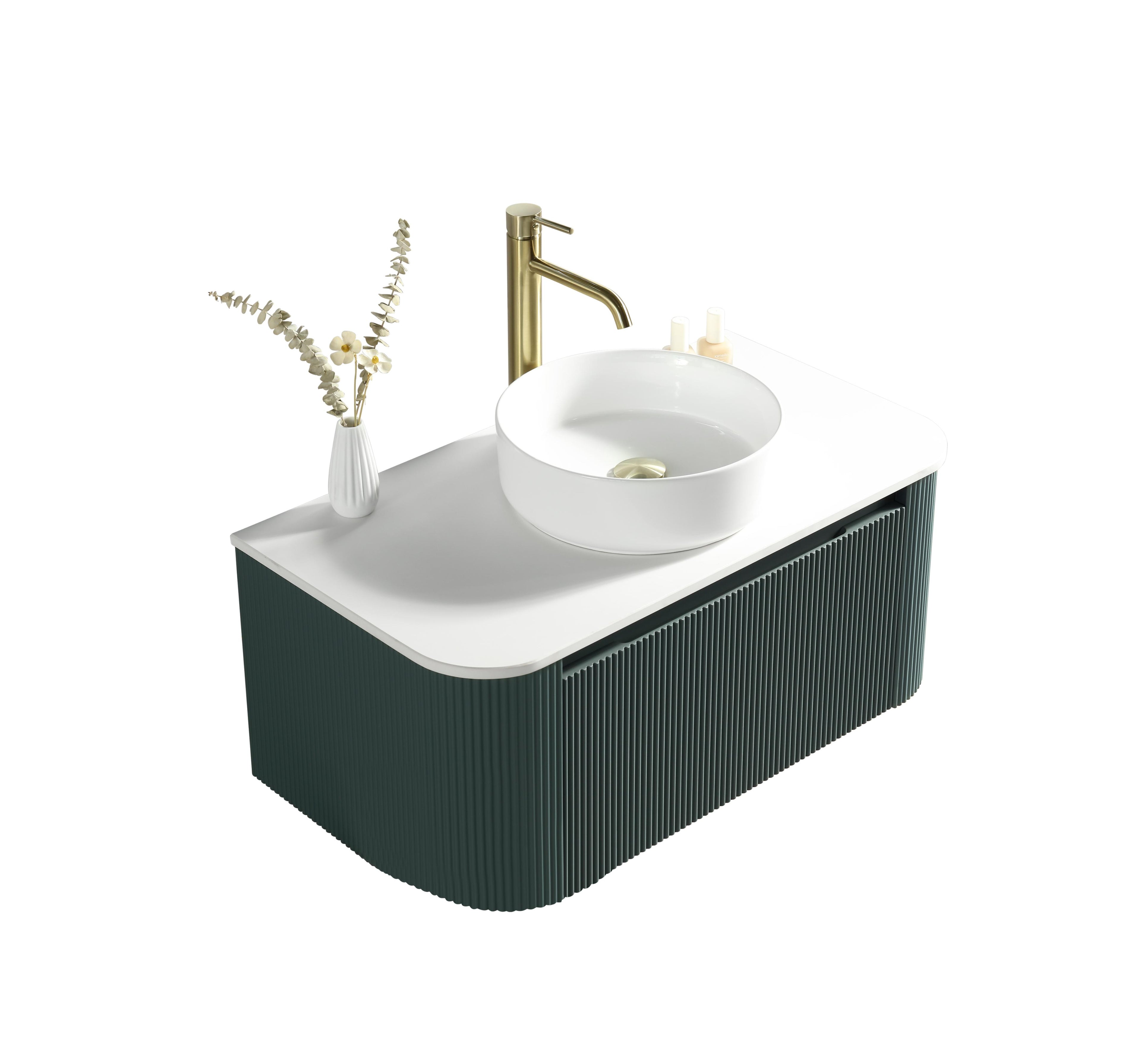 Flauto 870mm Fluted Wall Hung Curve Corner Vanity with Sintered Stone Counter Top - Tailored Bathrooms