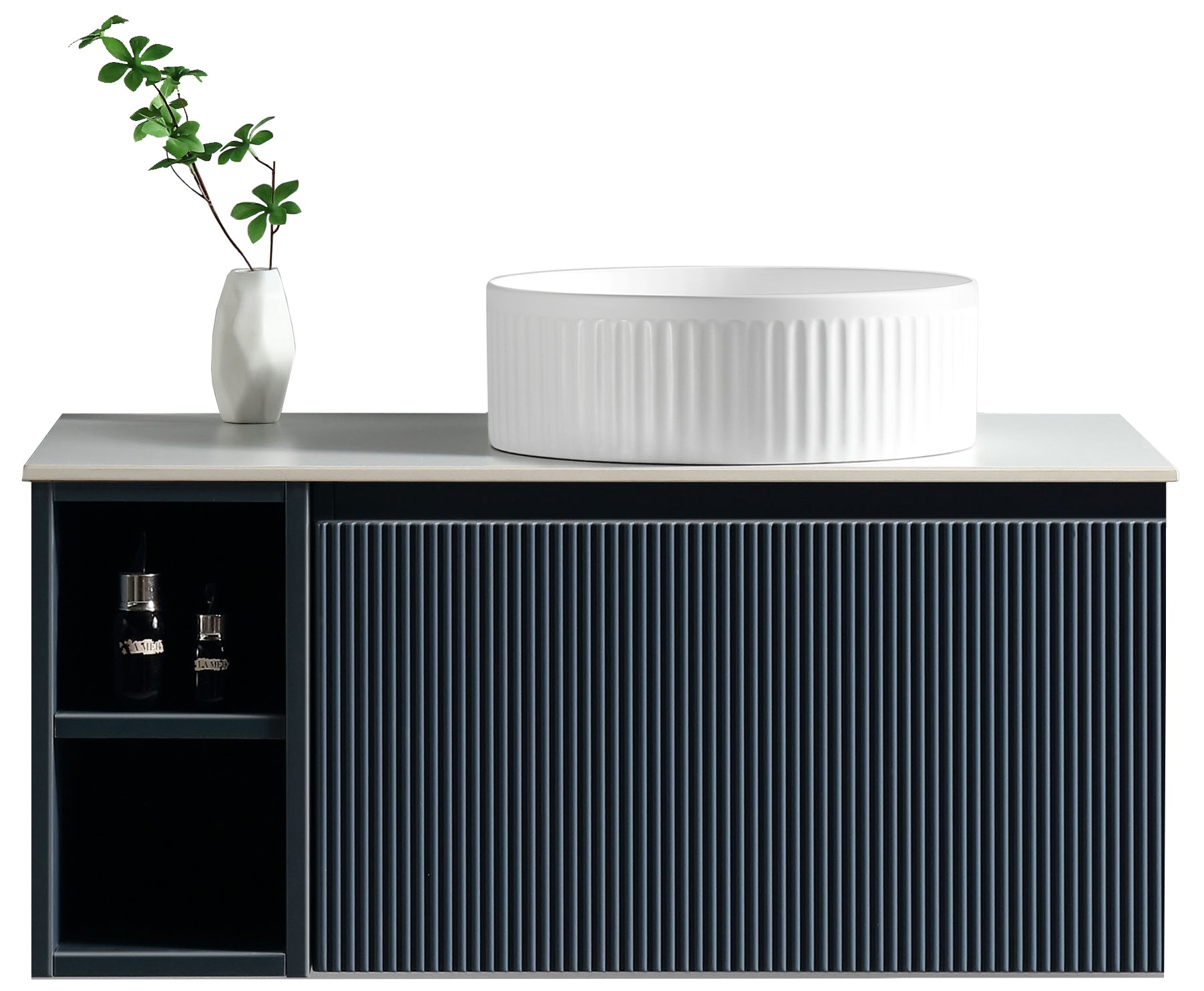 Flauto 800mm Wall Hung Vanity with Side Storage Box & Sintered Stone Counter Top - Tailored Bathrooms