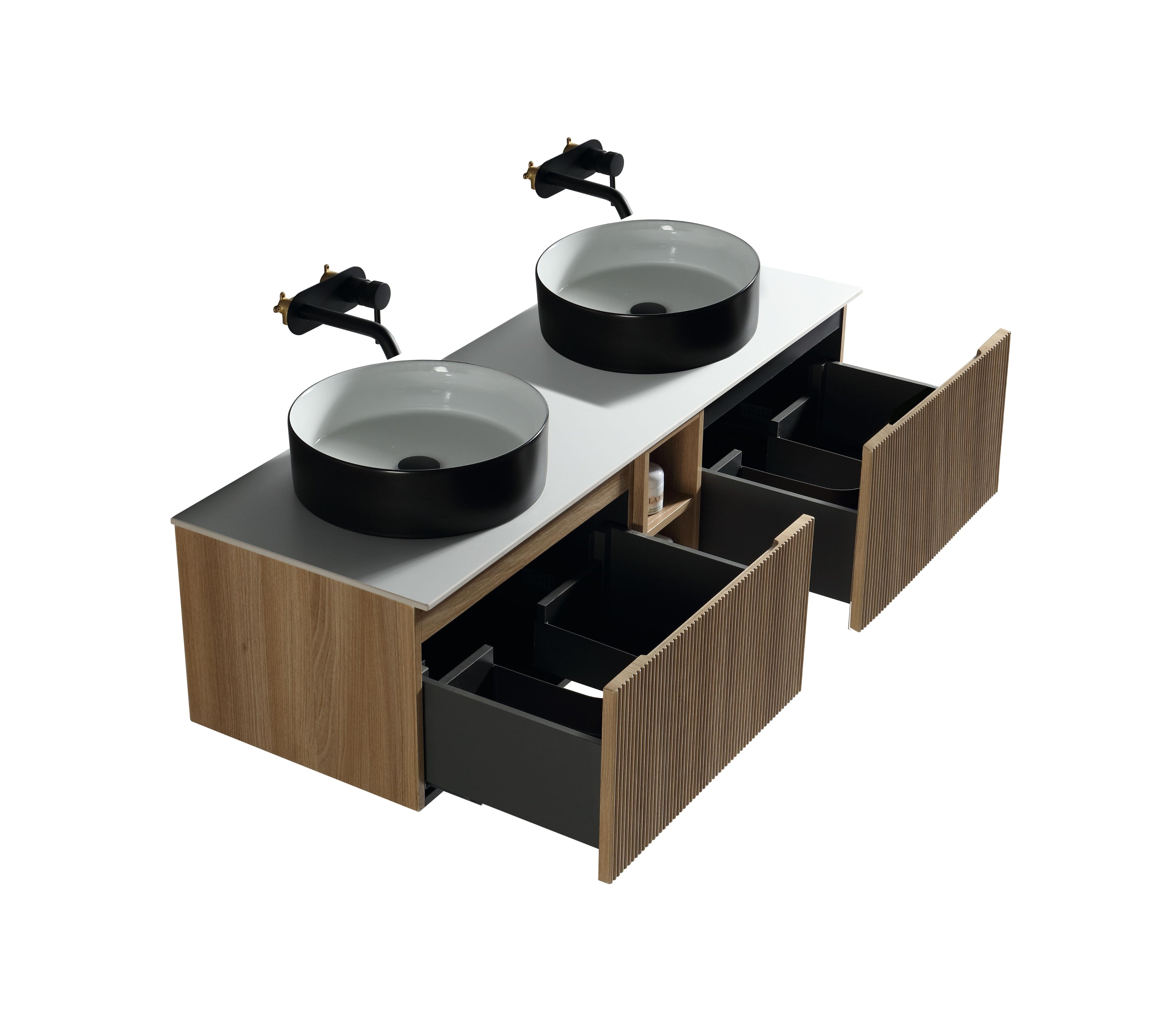 Flauto 1400mm Wall Hung Double Vanity with Storage Box and Sintered Stone Counter Top - Tailored Bathrooms