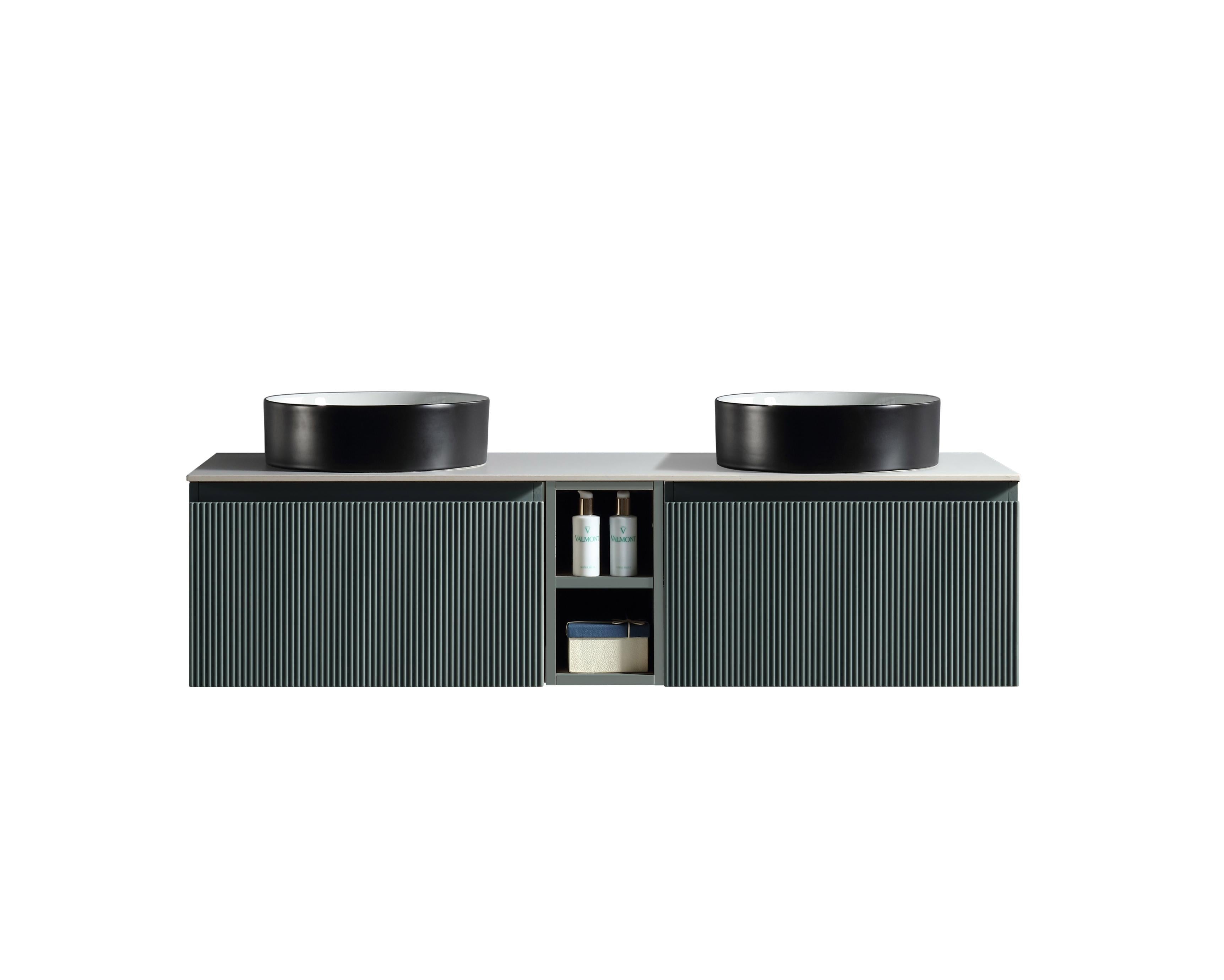 Flauto 1400mm Wall Hung Double Vanity with Storage Box and Sintered Stone Counter Top - Tailored Bathrooms