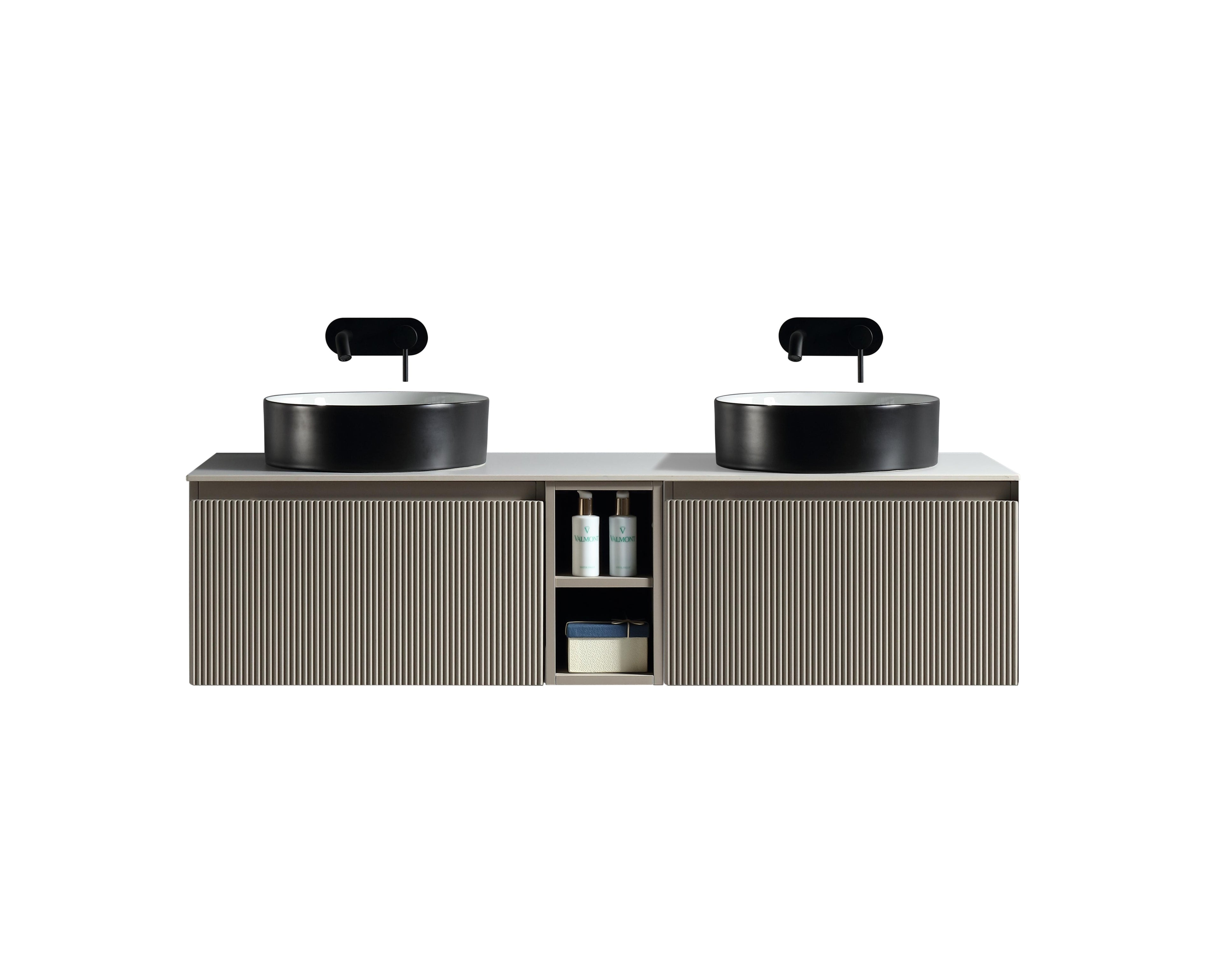 Flauto 1400mm Wall Hung Double Vanity with Storage Box and Sintered Stone Counter Top - Tailored Bathrooms