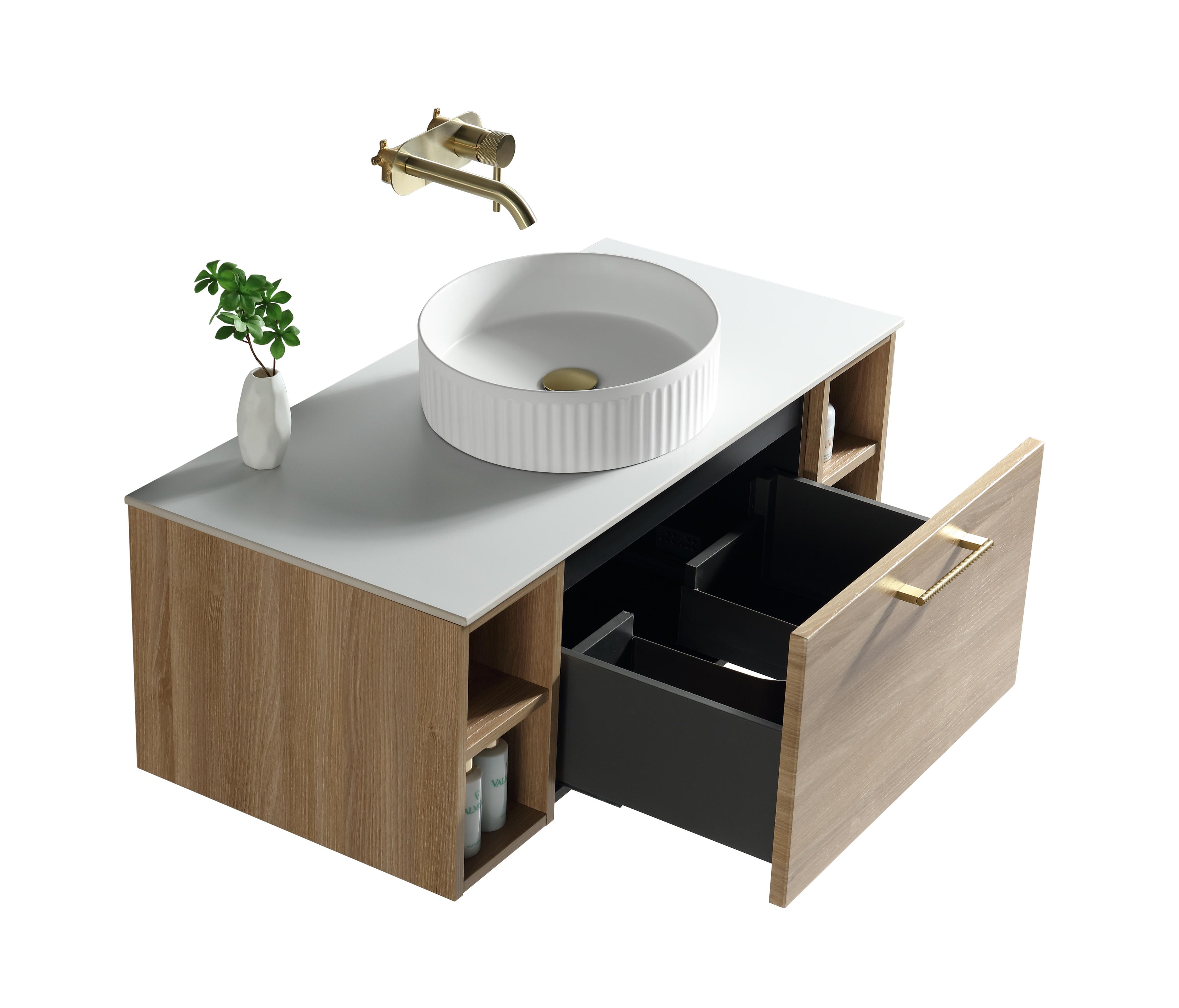 Piatta 1000mm Wall Hung Vanity with 2 Side Storage Sintered Stone Counter Top - Tailored Bathrooms