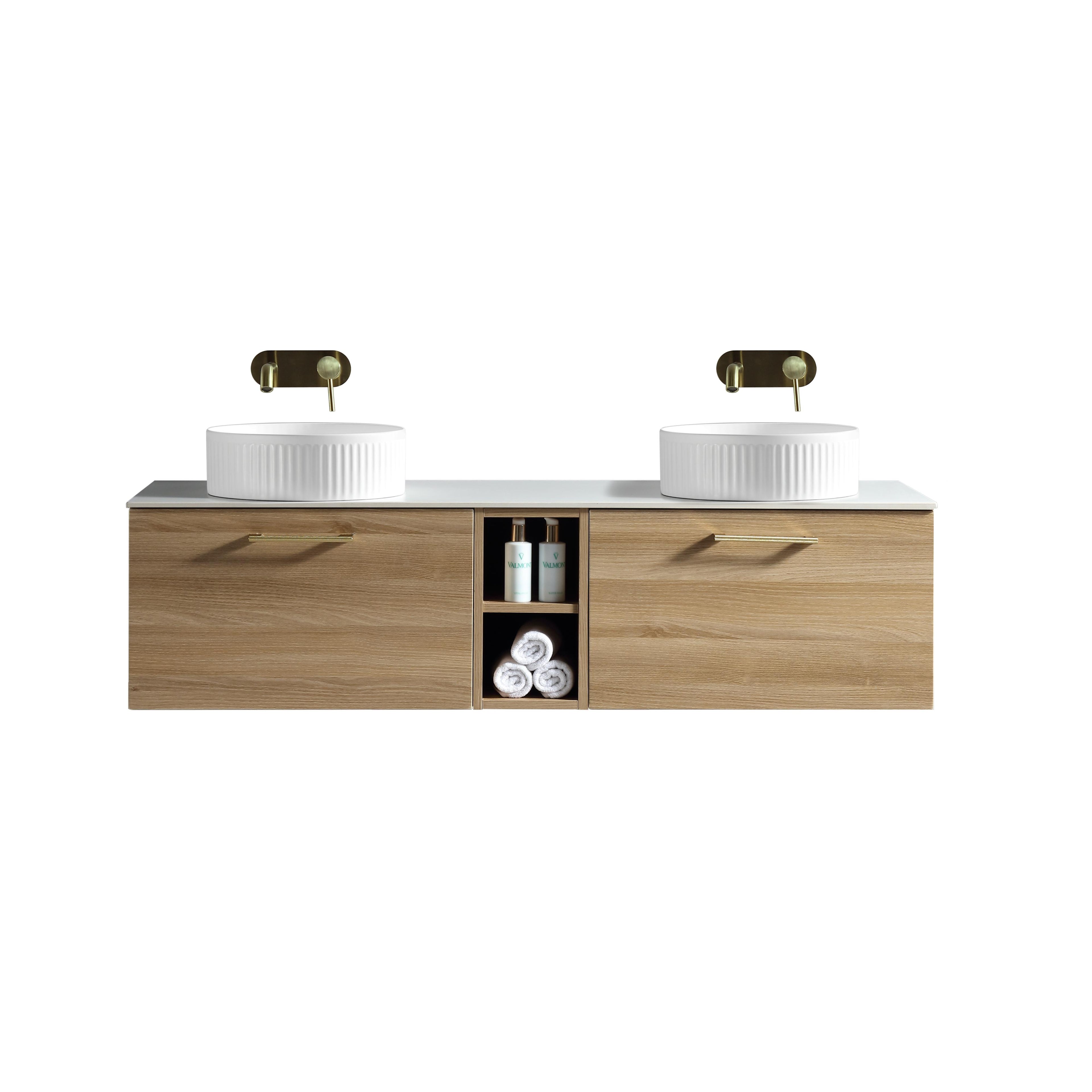 Piatta 1400mm Wall Hung Double Vanity with Side Storage Sintered Stone Counter Top - Tailored Bathrooms