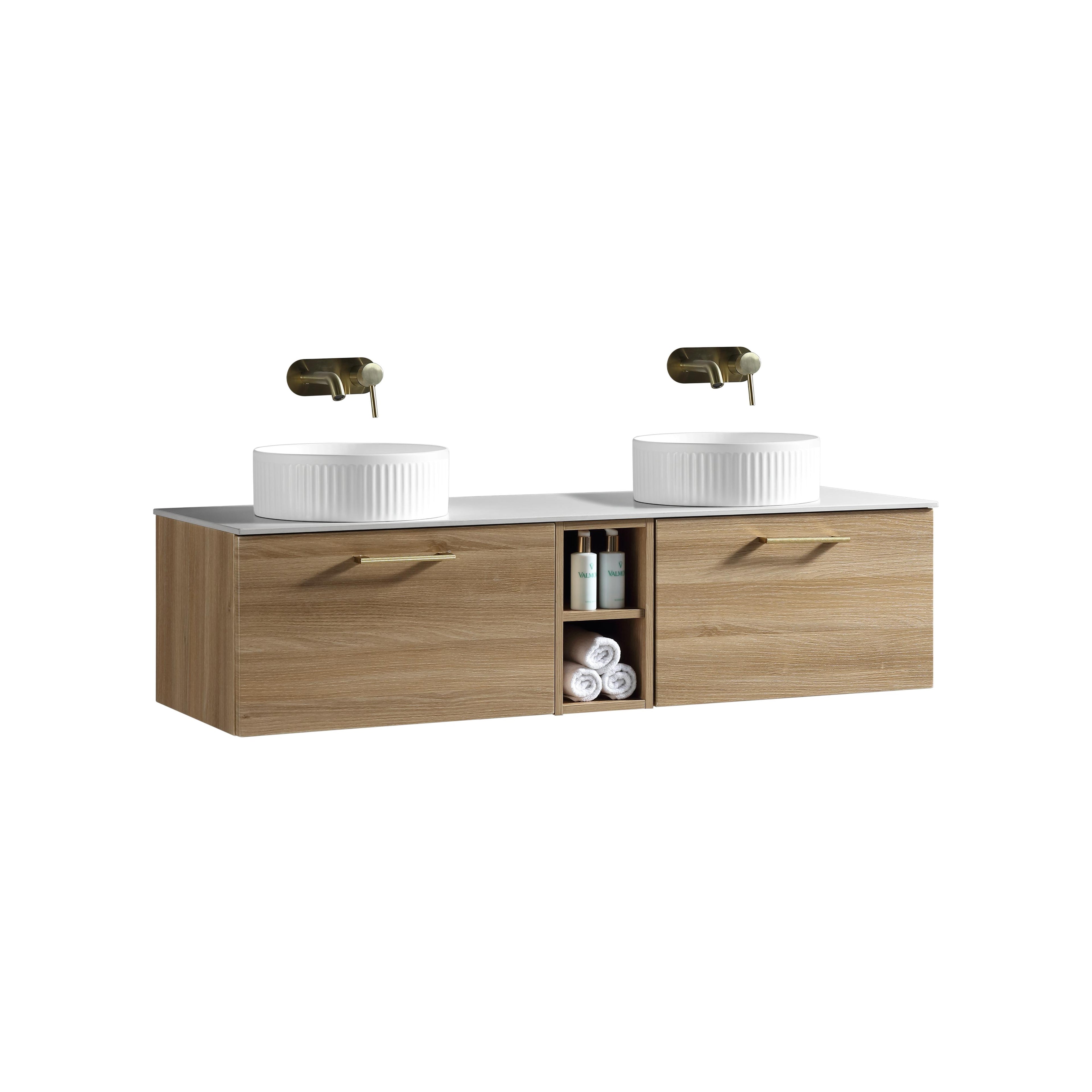 Piatta 1400mm Wall Hung Double Vanity with Side Storage Sintered Stone Counter Top - Tailored Bathrooms