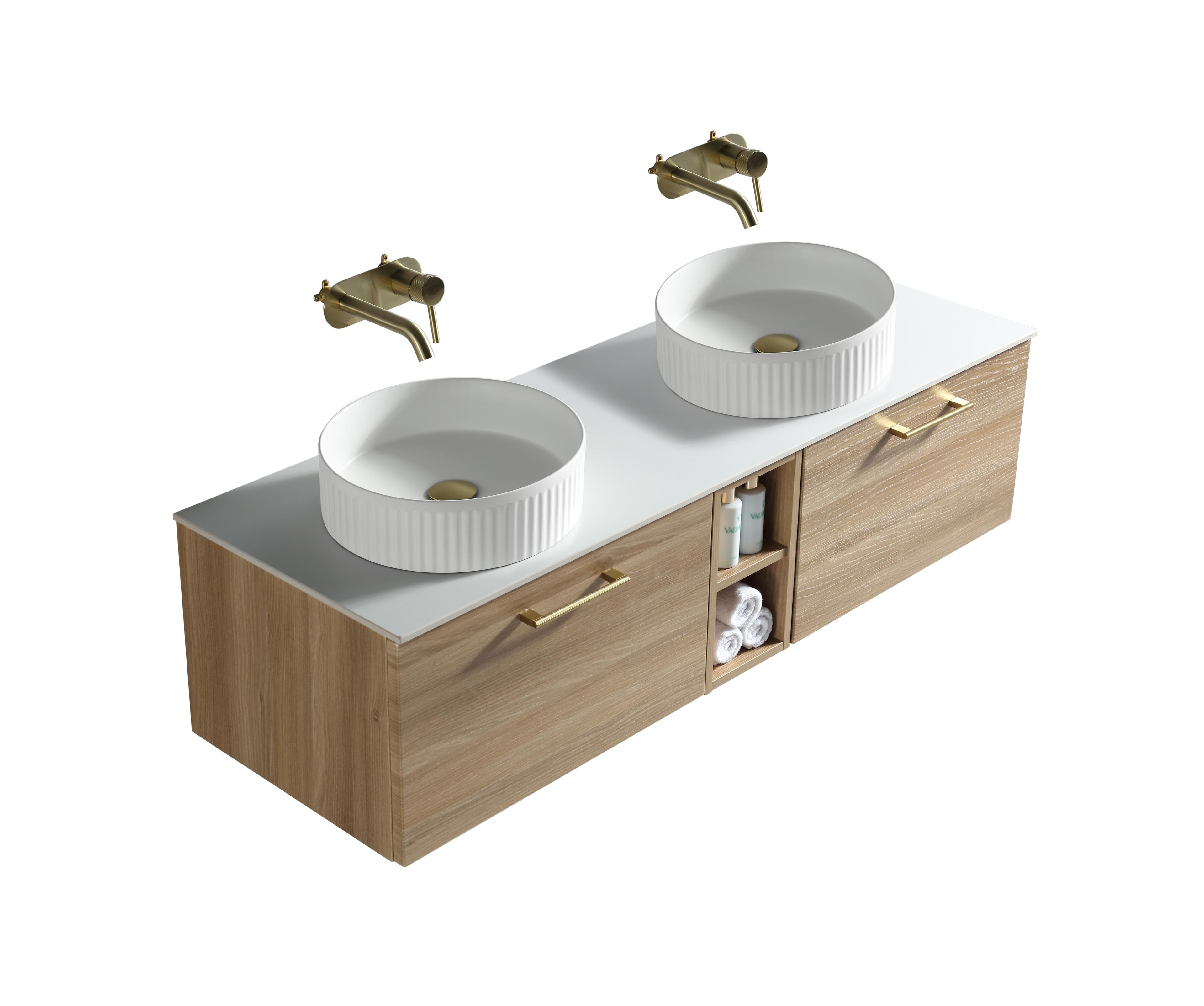 Piatta 1400mm Wall Hung Double Vanity with Side Storage Sintered Stone Counter Top - Tailored Bathrooms