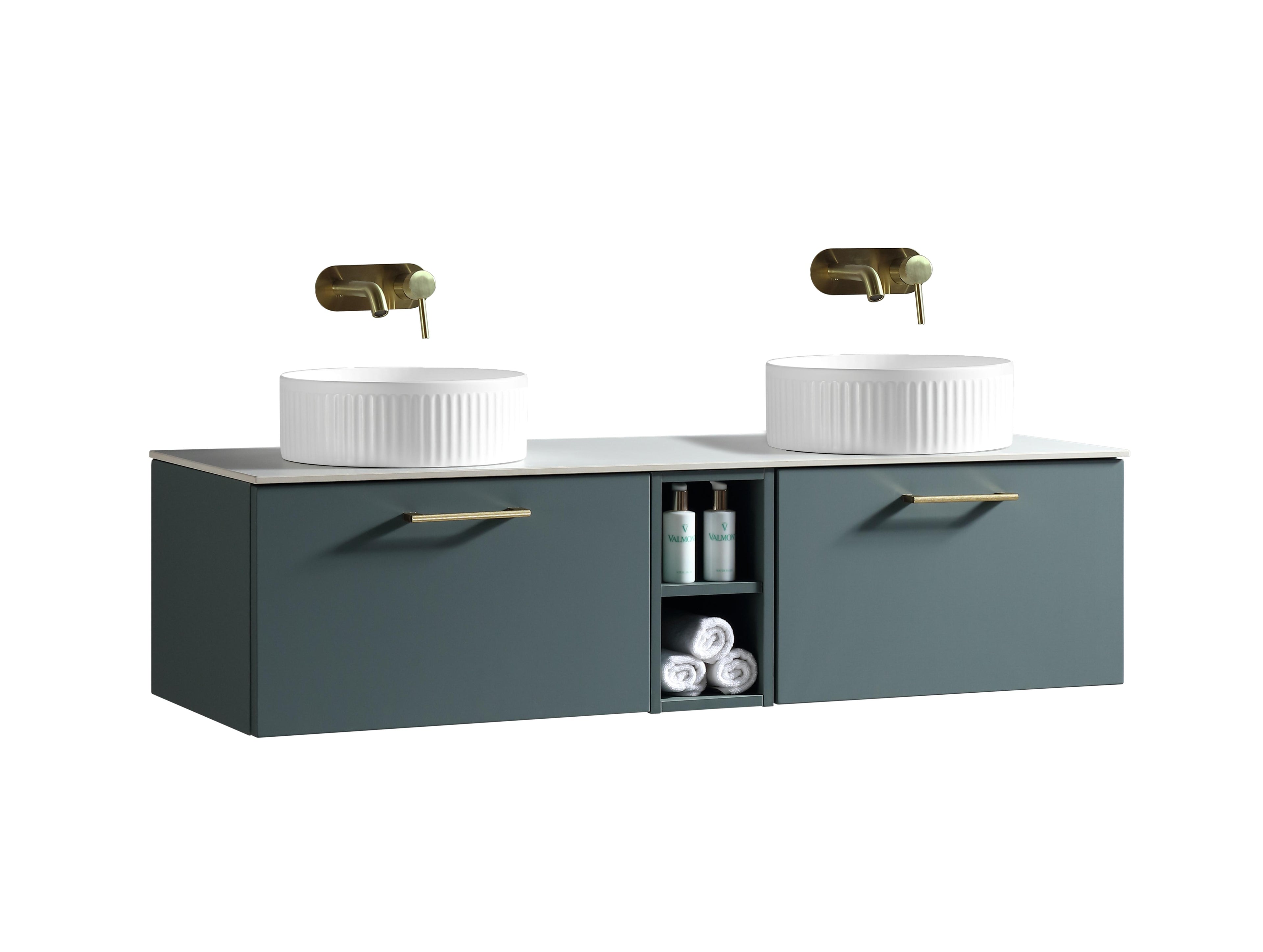 Piatta 1400mm Wall Hung Double Vanity with Side Storage Sintered Stone Counter Top - Tailored Bathrooms
