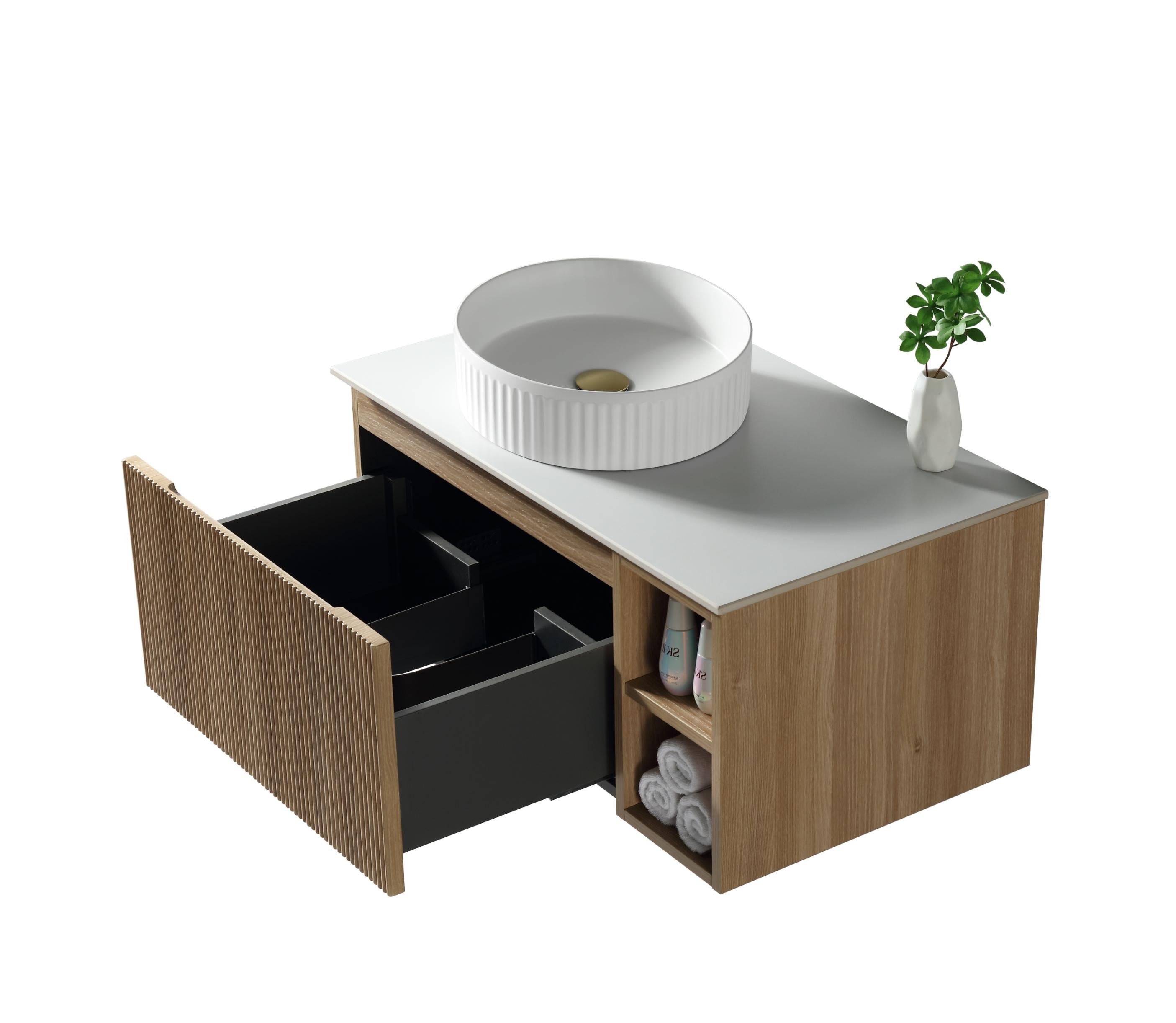 Flauto 800mm Wall Hung Vanity with Side Storage Box & Sintered Stone Counter Top - Tailored Bathrooms