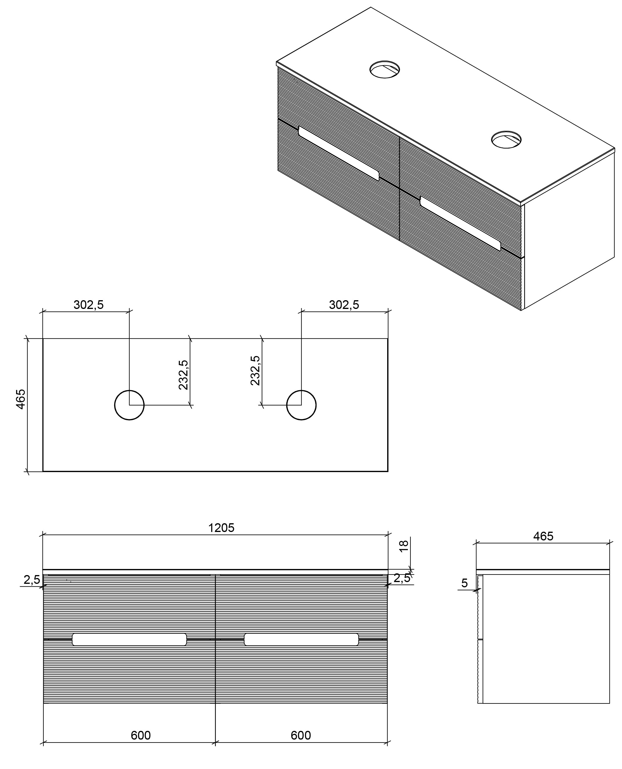Monza Plus 1200mm Fluted Wall Hung Double Vanity w. Counter Top - Tailored Bathrooms