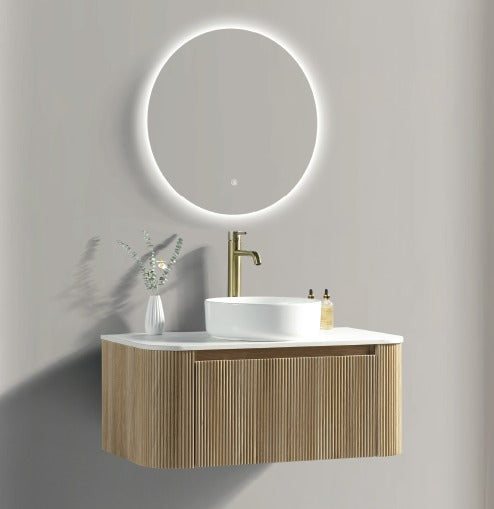 Flauto 870mm Fluted Wall Hung Curve Corner Vanity with Sintered Stone Counter Top - Tailored Bathrooms