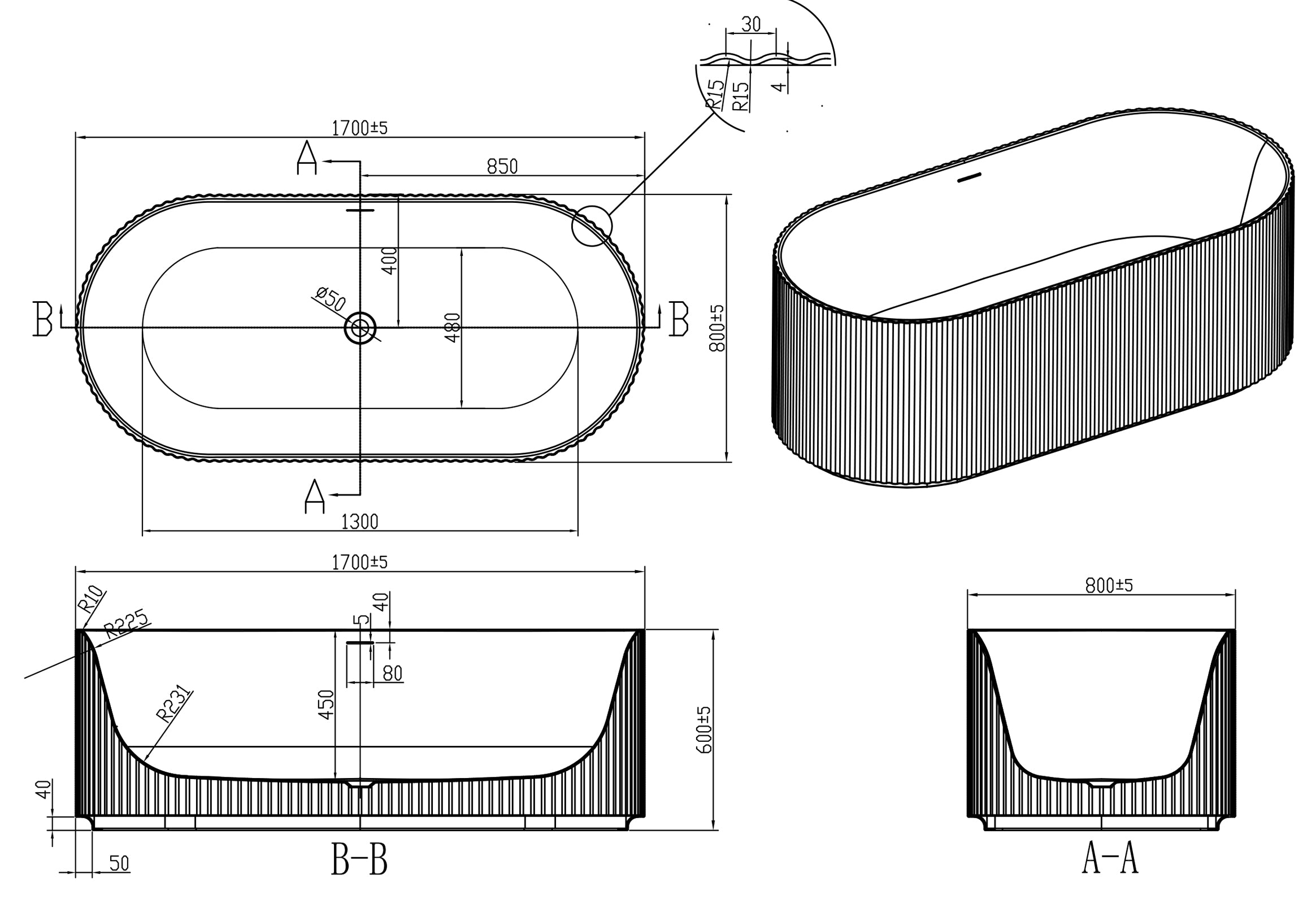 Flauto Freestanding Fluted Bath 1700 x 800 x H600 mm - Tailored Bathrooms
