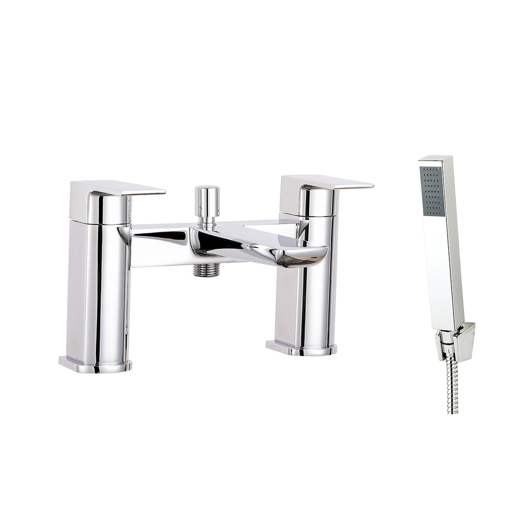 Front view of Chill Bath Shower Mixer with 2 Tap Holes, Slide Rail & Fixed & Handheld Shower Head in Chrome – modern bath and shower combo