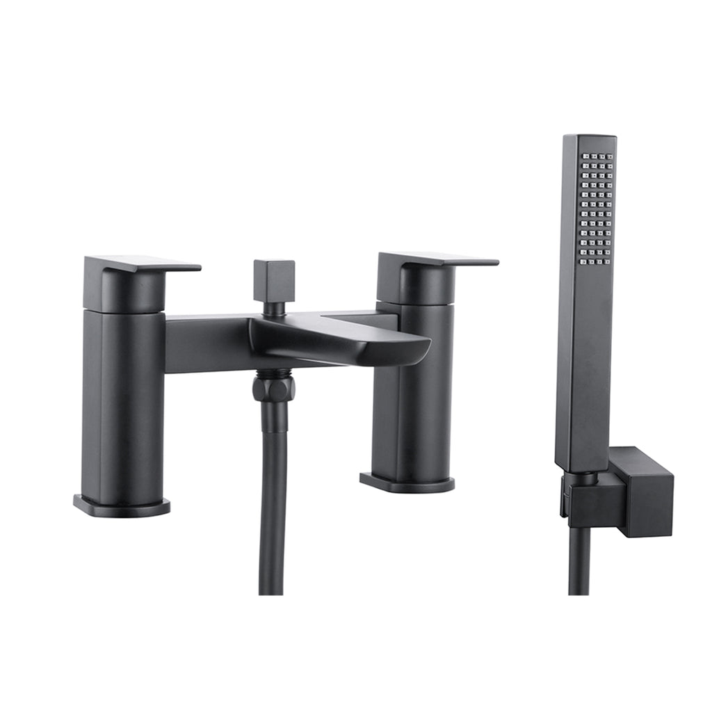 Front view of Chill Electroplated Black Bath Shower Mixer with slide rail, fixed shower head, and handheld shower – modern two-hole bath faucet
