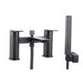 Front view of Chill Electroplated Black Bath Shower Mixer with slide rail, fixed shower head, and handheld shower – modern two-hole bath faucet