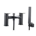 Front view of Chill Electroplated Black Bath Shower Mixer with slide rail, fixed shower head, and handheld shower – modern two-hole bath faucet