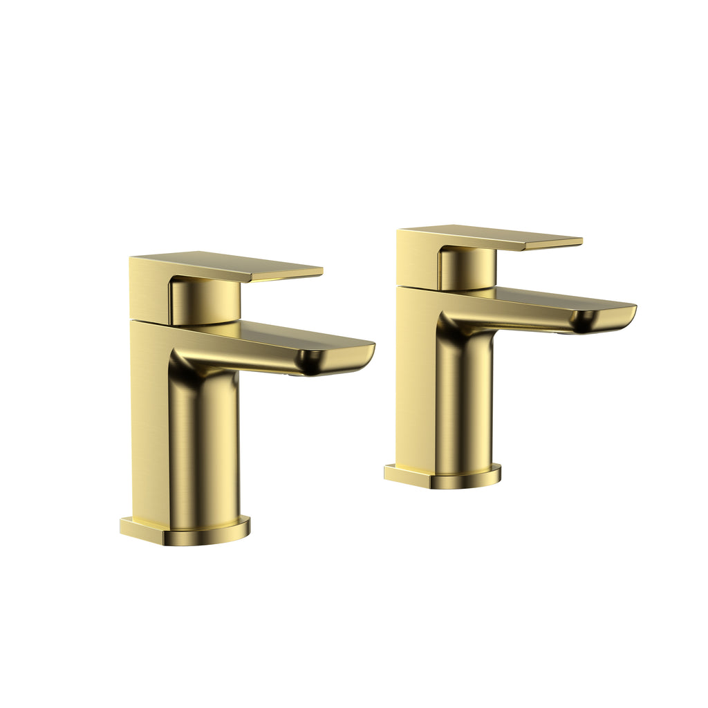 Front view of Chill PVD Coated Bath Pillar Taps in brushed brass – classic two-hole bath taps with premium finish