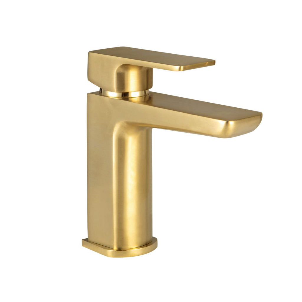 Chill PVD Coated Mini Mono Basin Mixer in brushed brass with pop-up waste, compact modern bathroom tap.