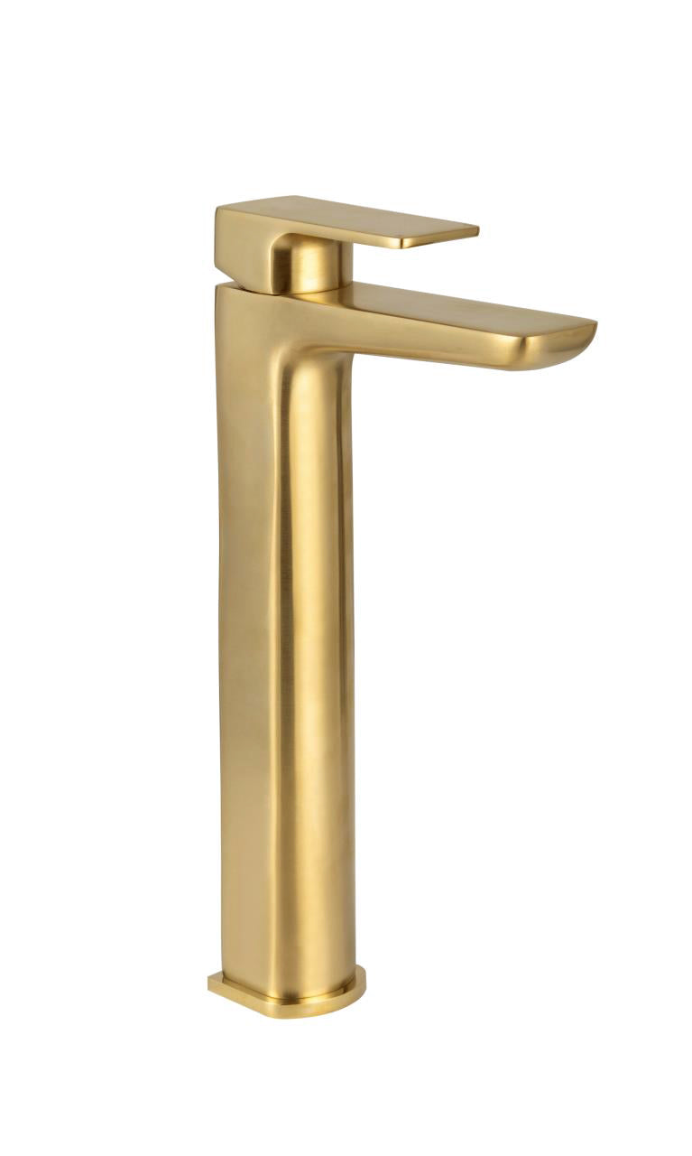 Chill PVD Coated Tall Mono Basin Mixer in brushed brass with pop-up waste, stylish tall design for modern bathroom basins.