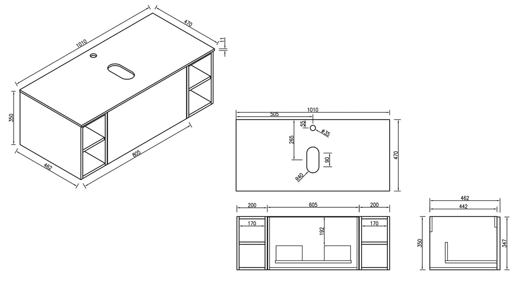 Flauto 1000mm Wall Hung Vanity with 2 Side Storage Sintered Stone Counter Top - Tailored Bathrooms