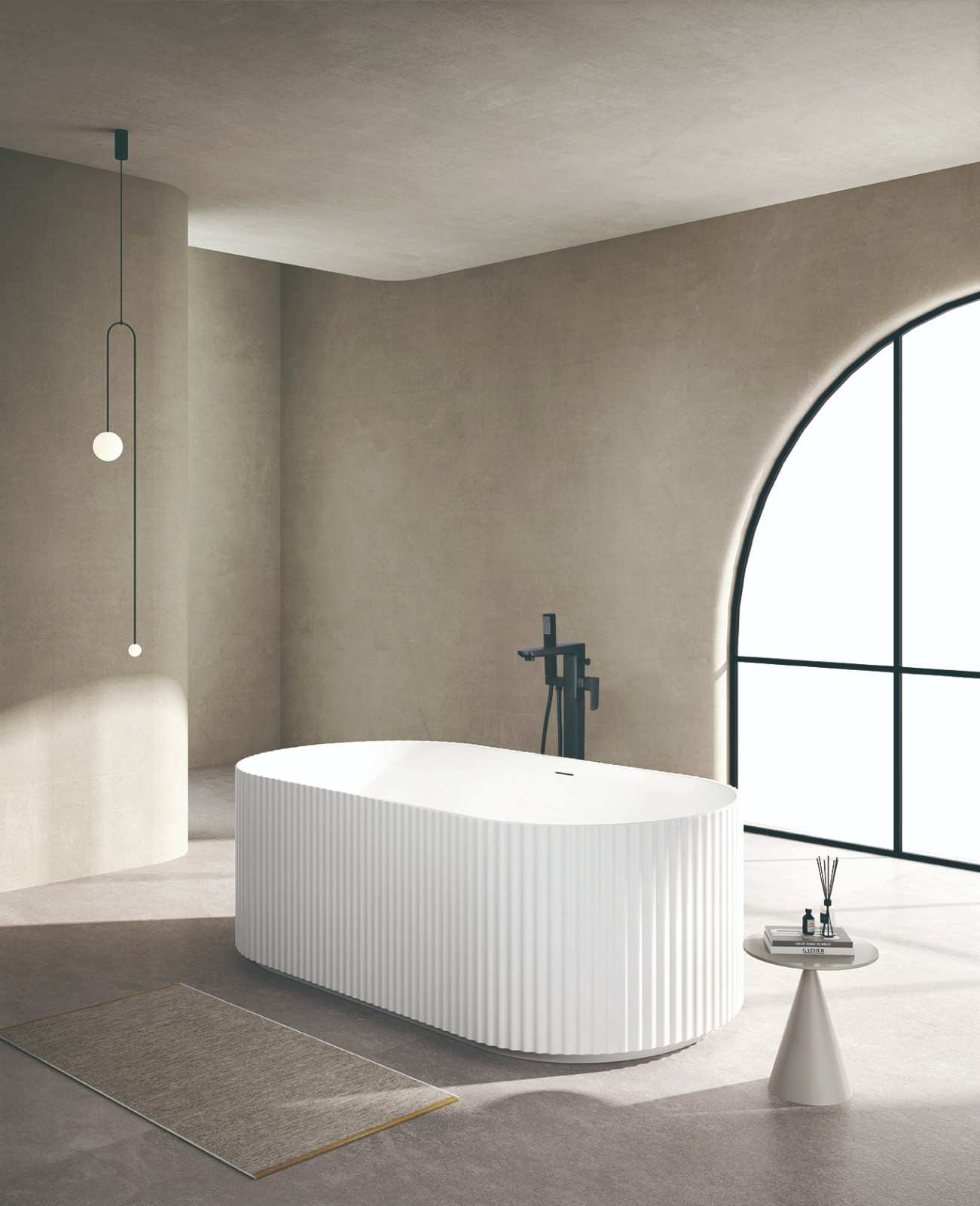 Front view of Flauto Freestanding Fluted Bath 1700 x 800 x H600 mm in matte white – luxury freestanding bathtub design