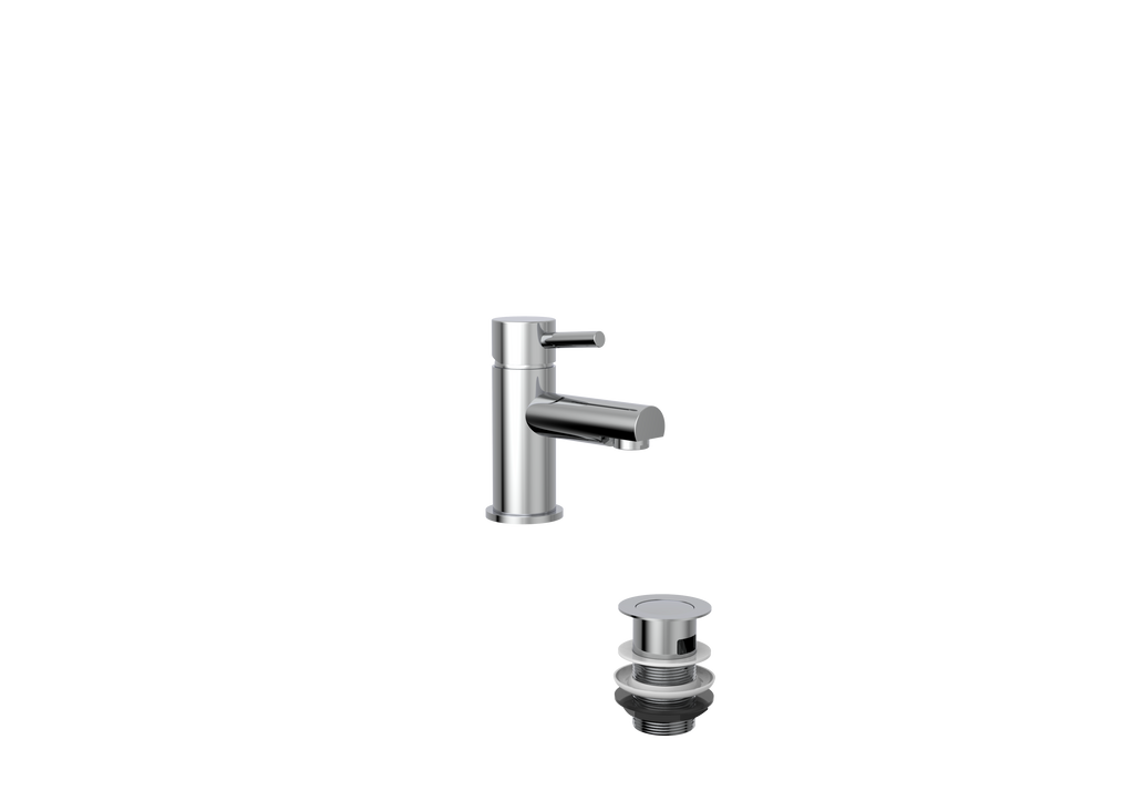 Flex Mini Mono Basin Mixer with Pop Up Waste – Chrome finish, compact mono tap for cloakrooms and small basins.