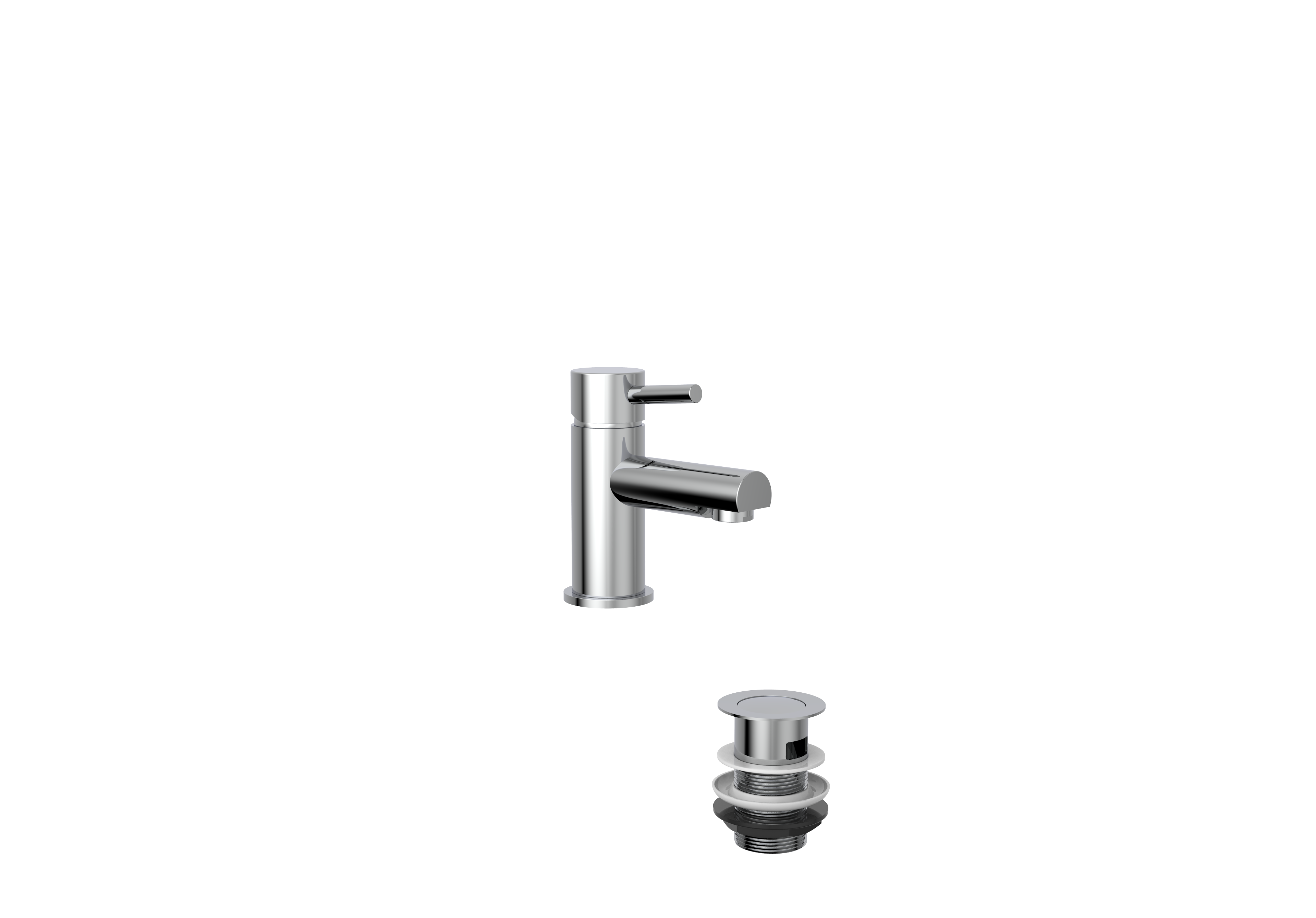 Flex Mini Mono Basin Mixer with Pop Up Waste – Chrome finish, compact mono tap for cloakrooms and small basins.