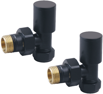 Front view of Fluxa Non-Thermostatic Angled Valve in Black – stylish black angled heating valve
