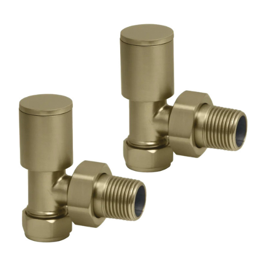 Front view of Fluxa Non-Thermostatic Angled Valve in Brushed Brass – luxury brass angled heating valve
