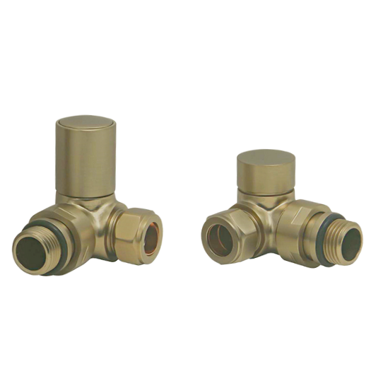 Front view of Fluxa Non-Thermostatic Corner Valve in Brushed Brass – luxury brass corner heating valve
