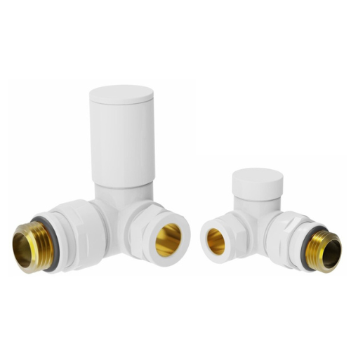 Front view of Fluxa Non-Thermostatic Corner Valve in White – clean white corner heating valve
