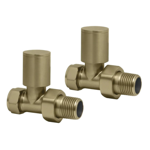 Front view of Fluxa Non-Thermostatic Straight Valve in Brushed Brass – luxury brass straight heating valve
