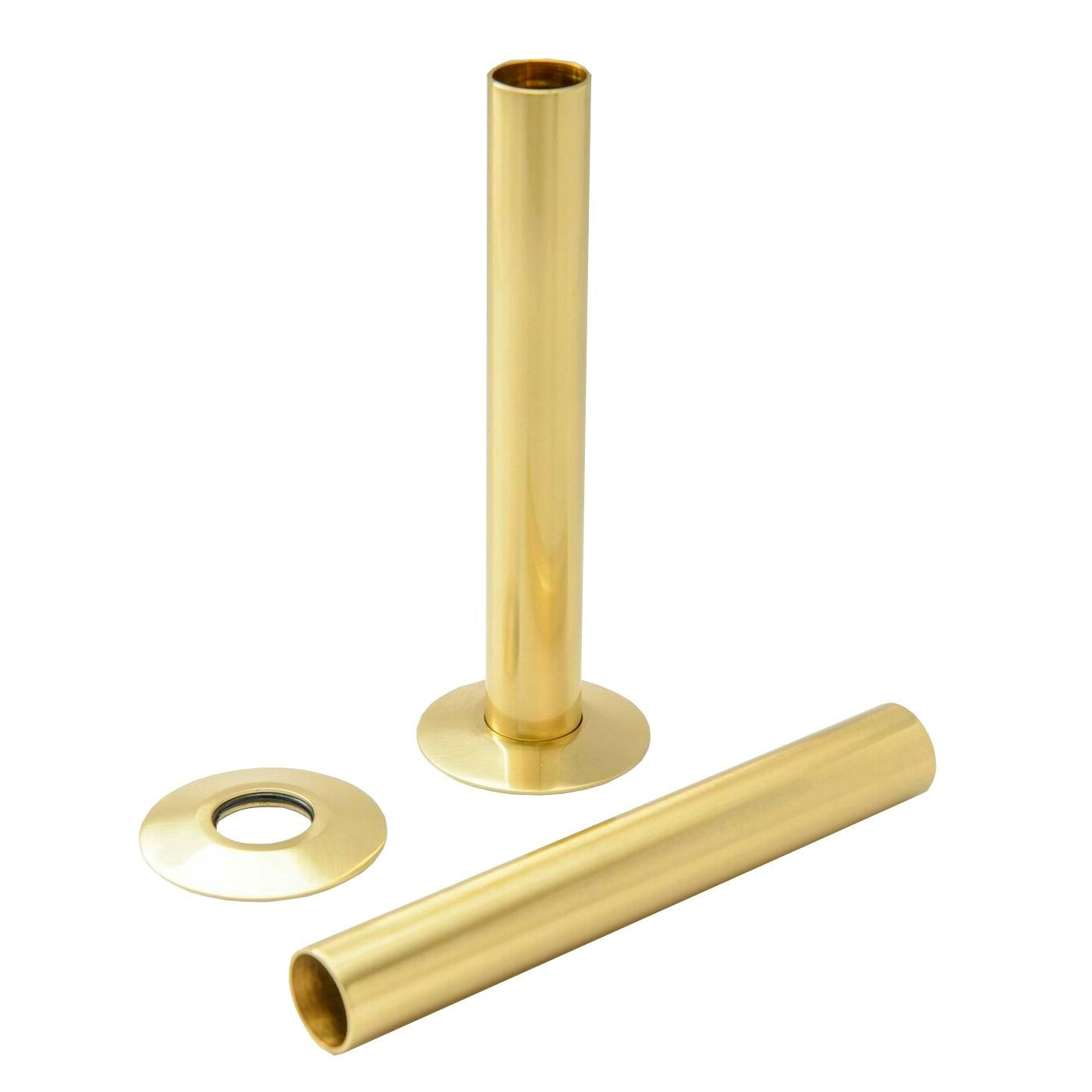 Front view of Fluxa Sleeve Set 18 mm x 130 mm in Brushed Brass – luxury radiator pipe sleeve set
