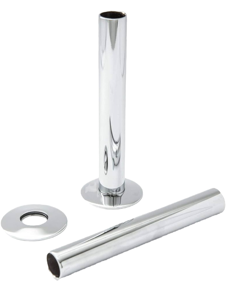 Front view of Fluxa Sleeve Set 18 mm x 300 mm in Chrome – modern radiator pipe sleeve set