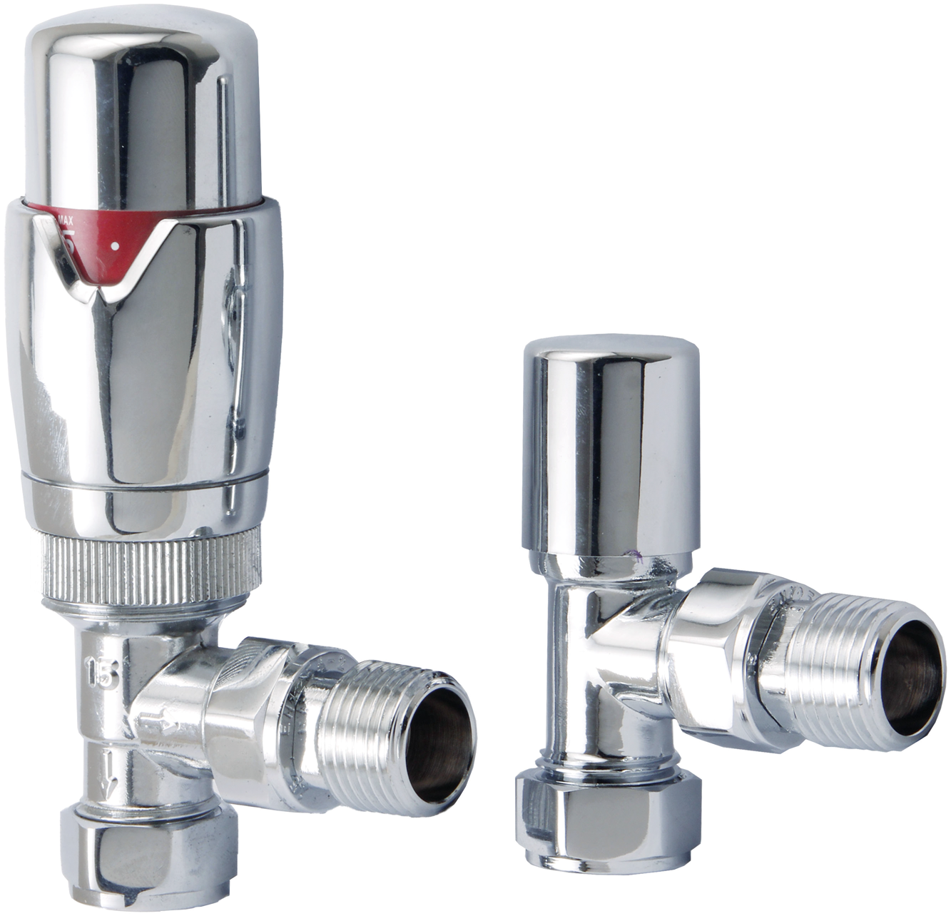Front view of Fluxa Thermostatic Angled Valve in Chrome – modern thermostatic angled heating valve
