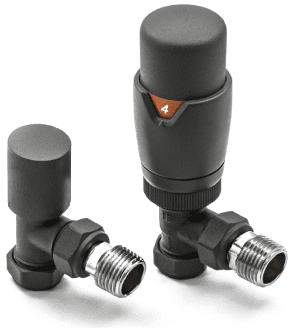 Front view of Fluxa Thermostatic Angled Valve in Anthracite – contemporary thermostatic angled heating valve
