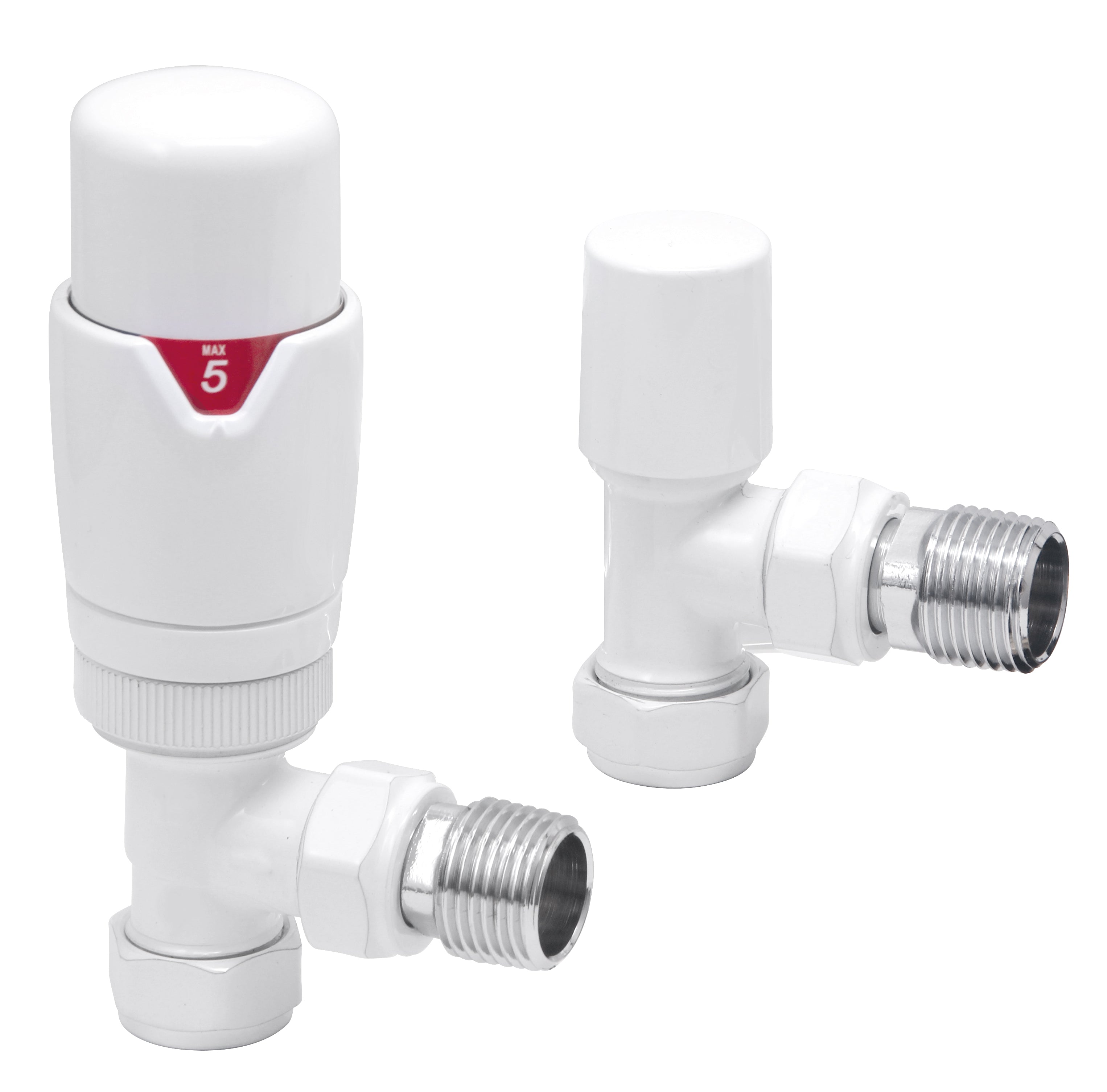Front view of Fluxa Thermostatic Angled Valve in White – clean white thermostatic angled heating valve
