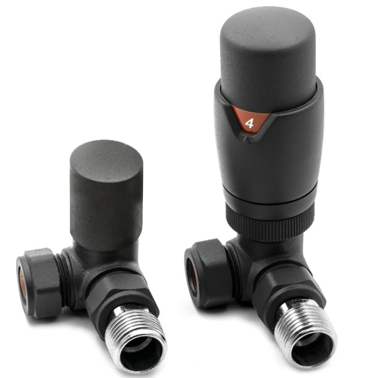 Front view of Fluxa Thermostatic Corner Valve in Anthracite – contemporary thermostatic corner heating valve

