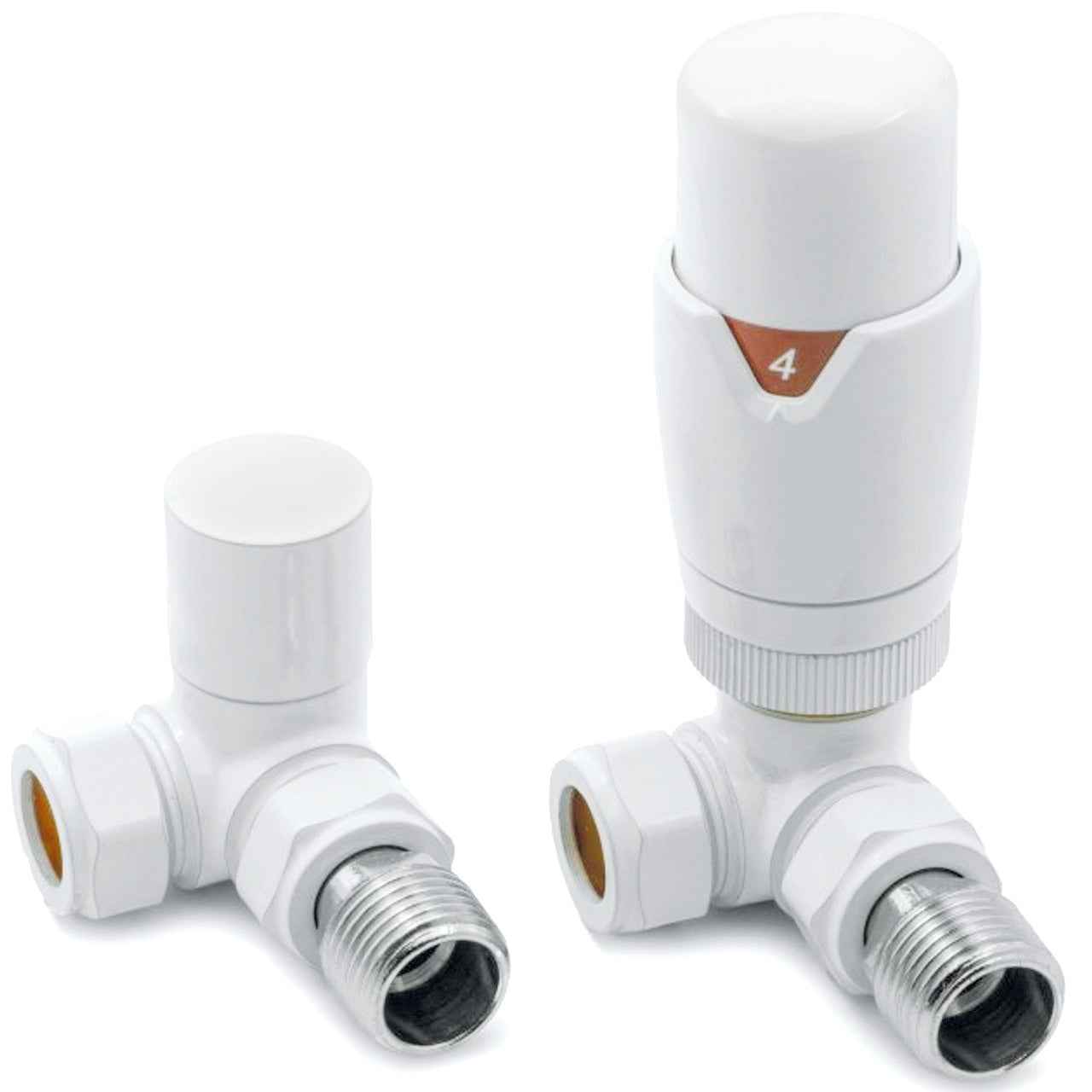 Front view of Fluxa Thermostatic Corner Valve in White – clean white thermostatic corner heating valve