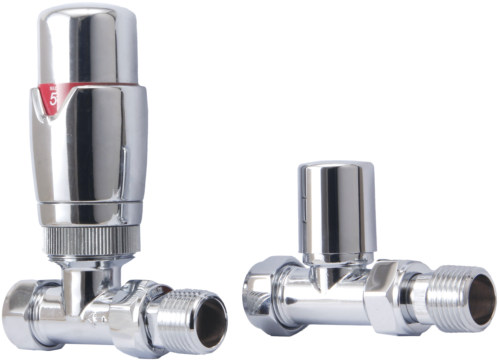 Front view of Fluxa Thermostatic Straight Valve in Chrome – modern thermostatic straight heating valve
