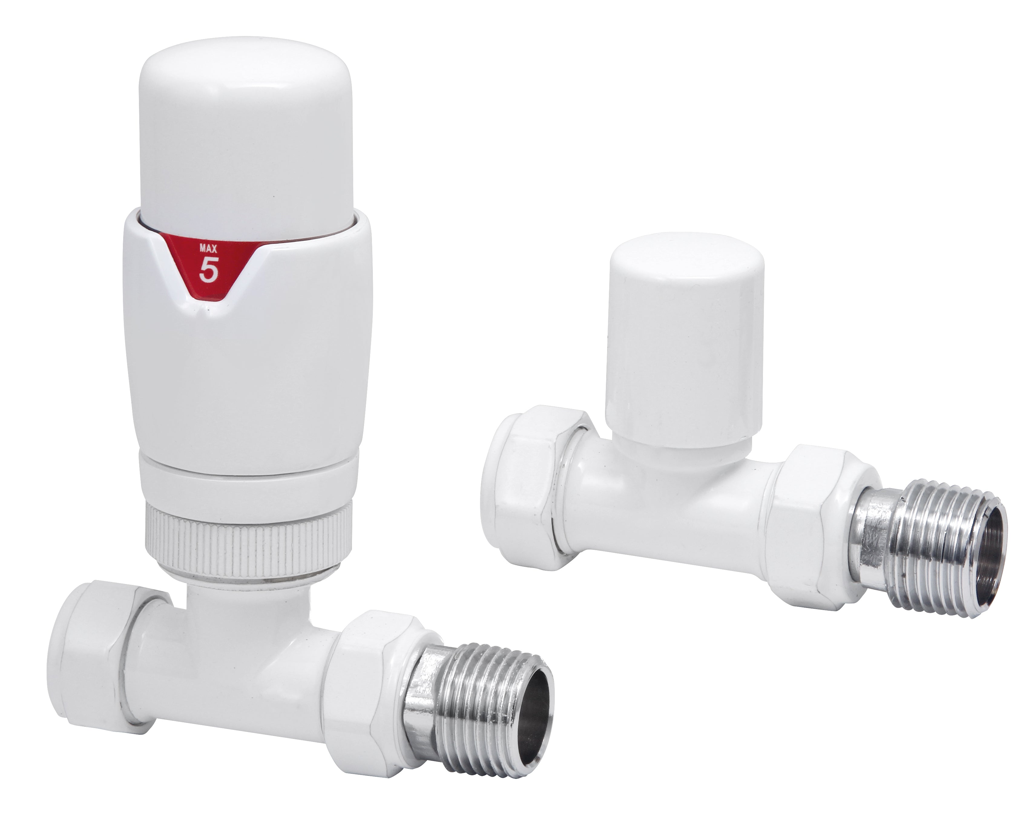 Front view of Fluxa Thermostatic Straight Valve in White – clean white thermostatic straight heating valve