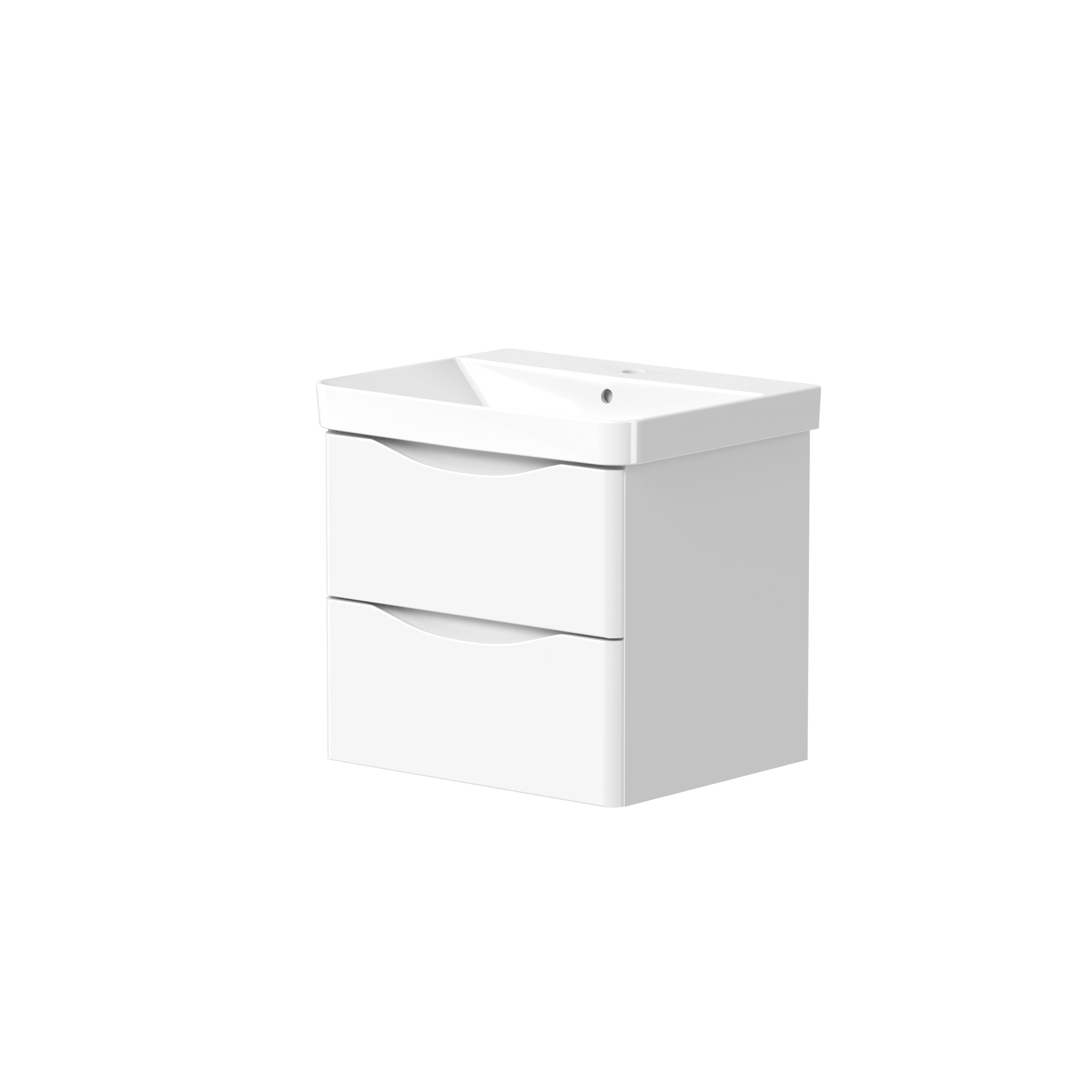 Front view of Iotab 558mm 2 Drawer Wall Mounted Vanity Unit in Matt White – compact floating vanity for small bathrooms.