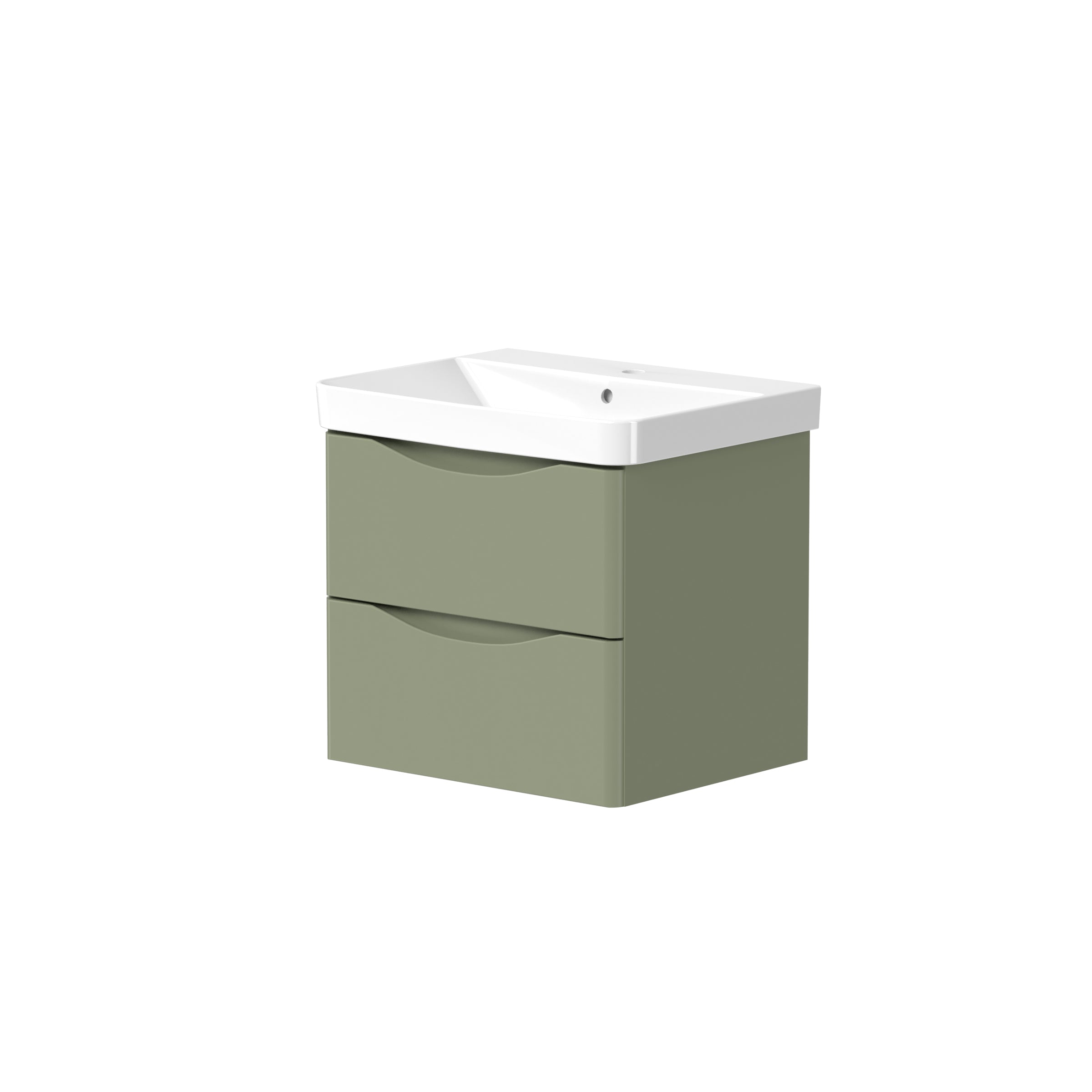Front view of Iotab 2 Drawer Floorstanding Vanity Unit in Savannah Green – modern freestanding vanity with 580mm basin and soft-close drawers.