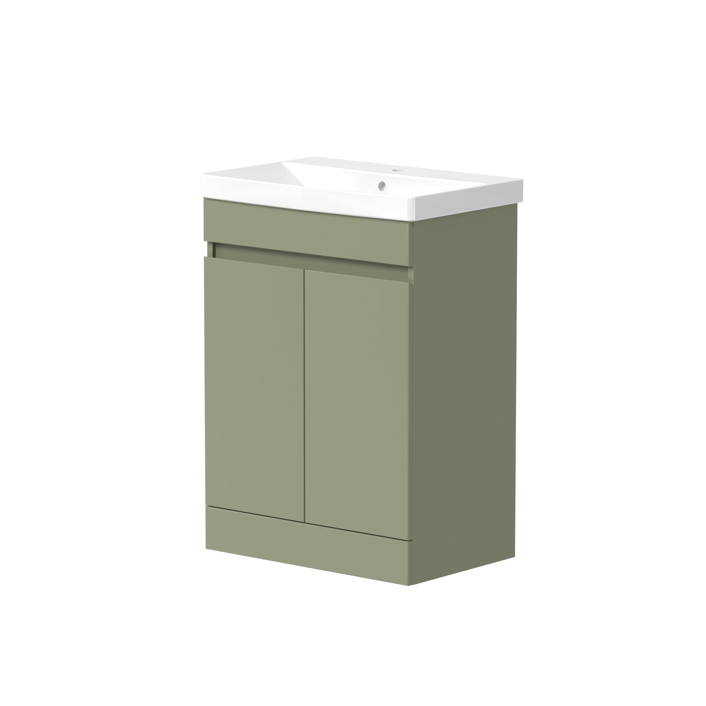 Front view of Kappa 2 Door Handleless Floorstanding Vanity Unit in Savannah Green – sleek modern vanity with ample hidden storage.