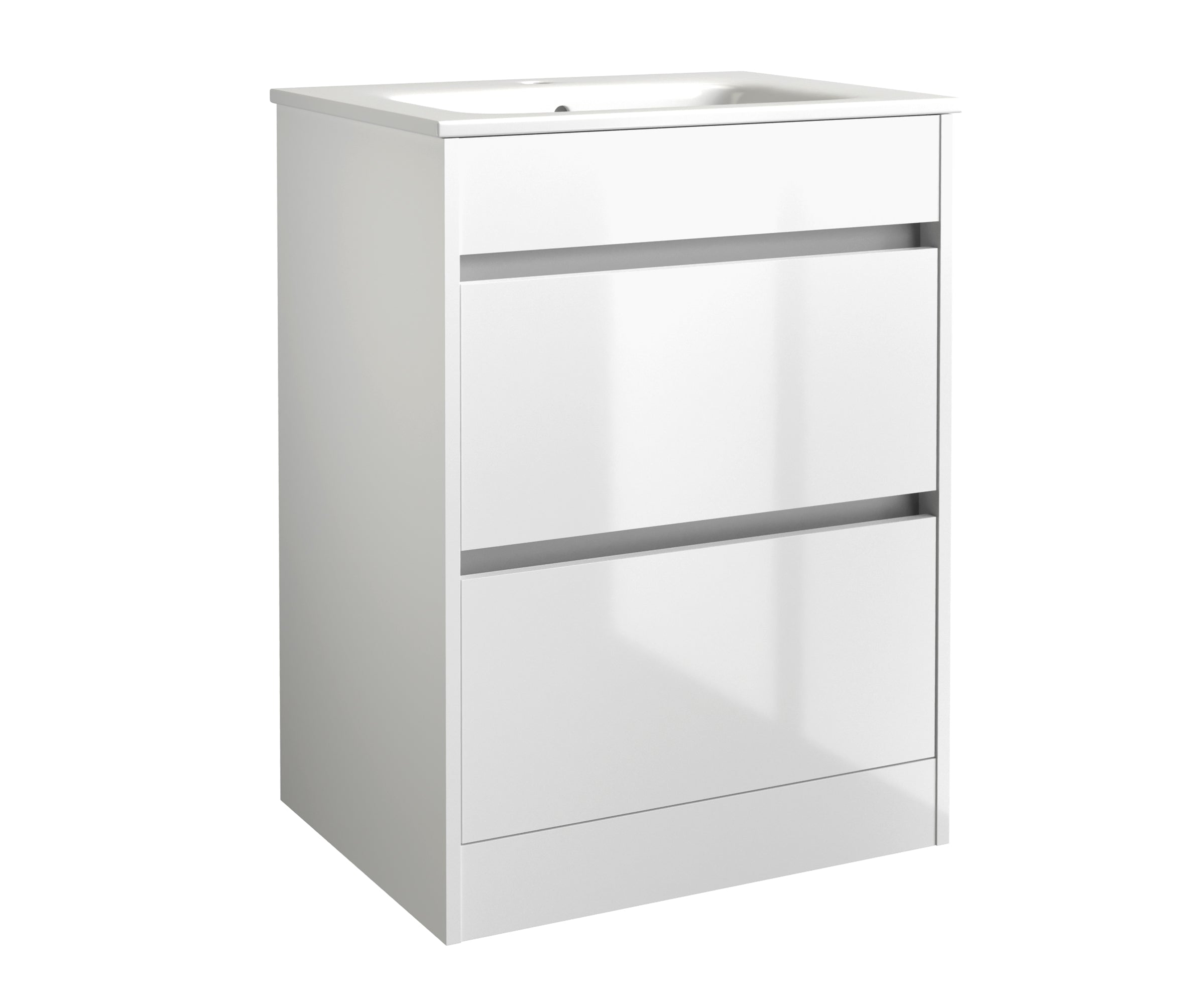 Front view of Kappa 2 Door Handleless Floorstanding Vanity Unit in Matt White – compact freestanding bathroom cabinet with 625mm basin.