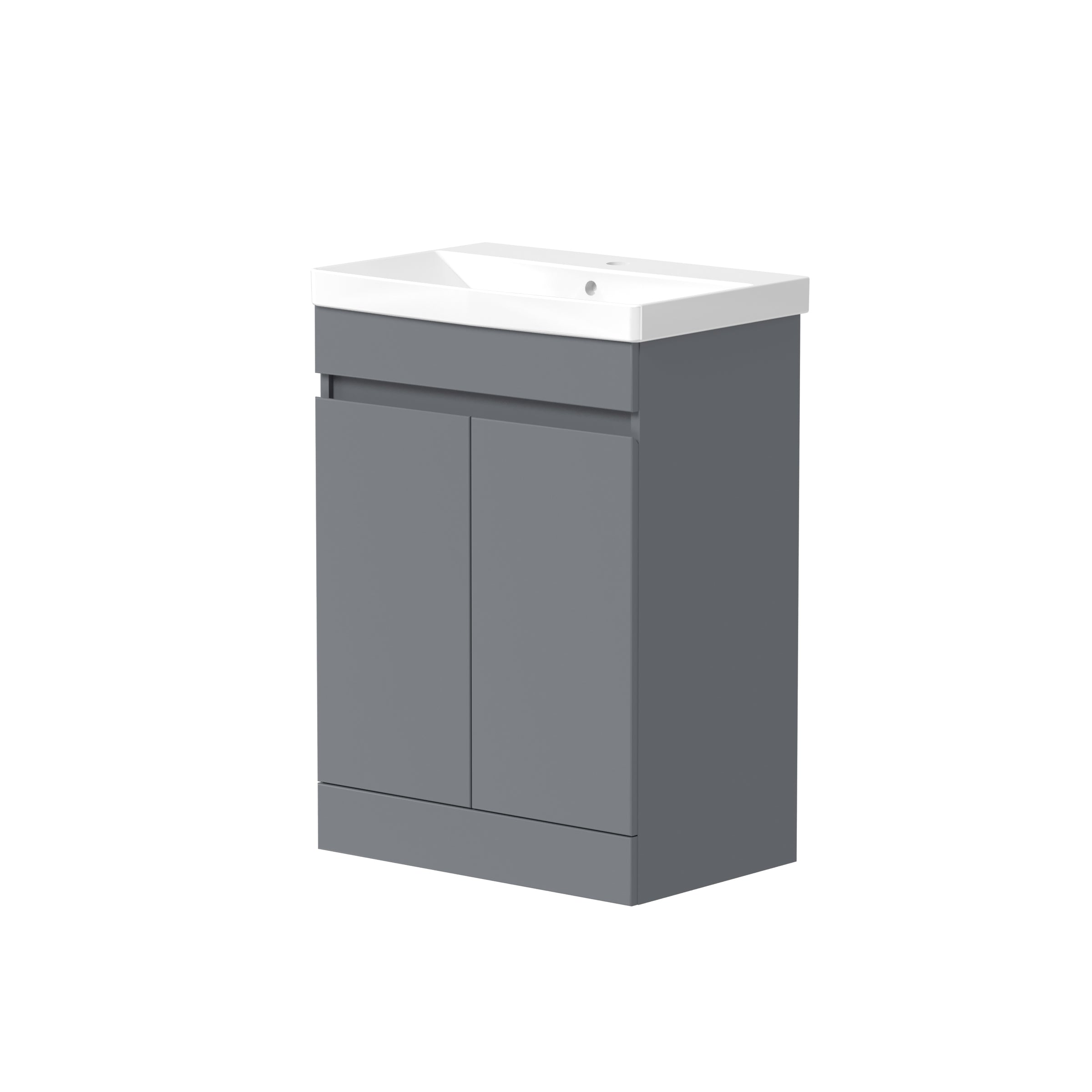 Front view of Kappa 2 Door Handleless Floorstanding Vanity Unit in Matt Grey – minimalist freestanding vanity with handleless double doors.