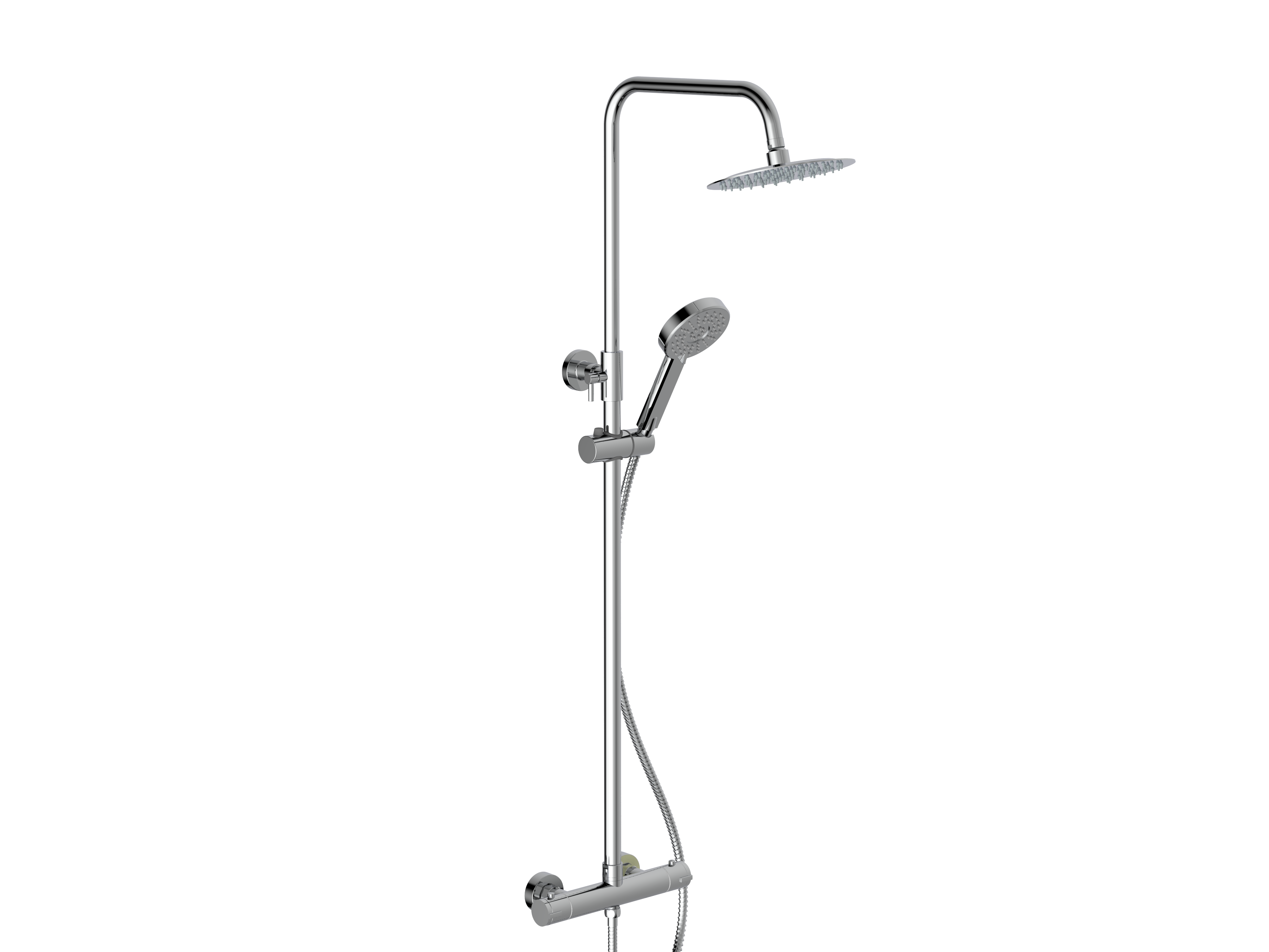 Front view of Mega Column Shower with Rail, Hose & Round Head in Chrome – modern bathroom shower set