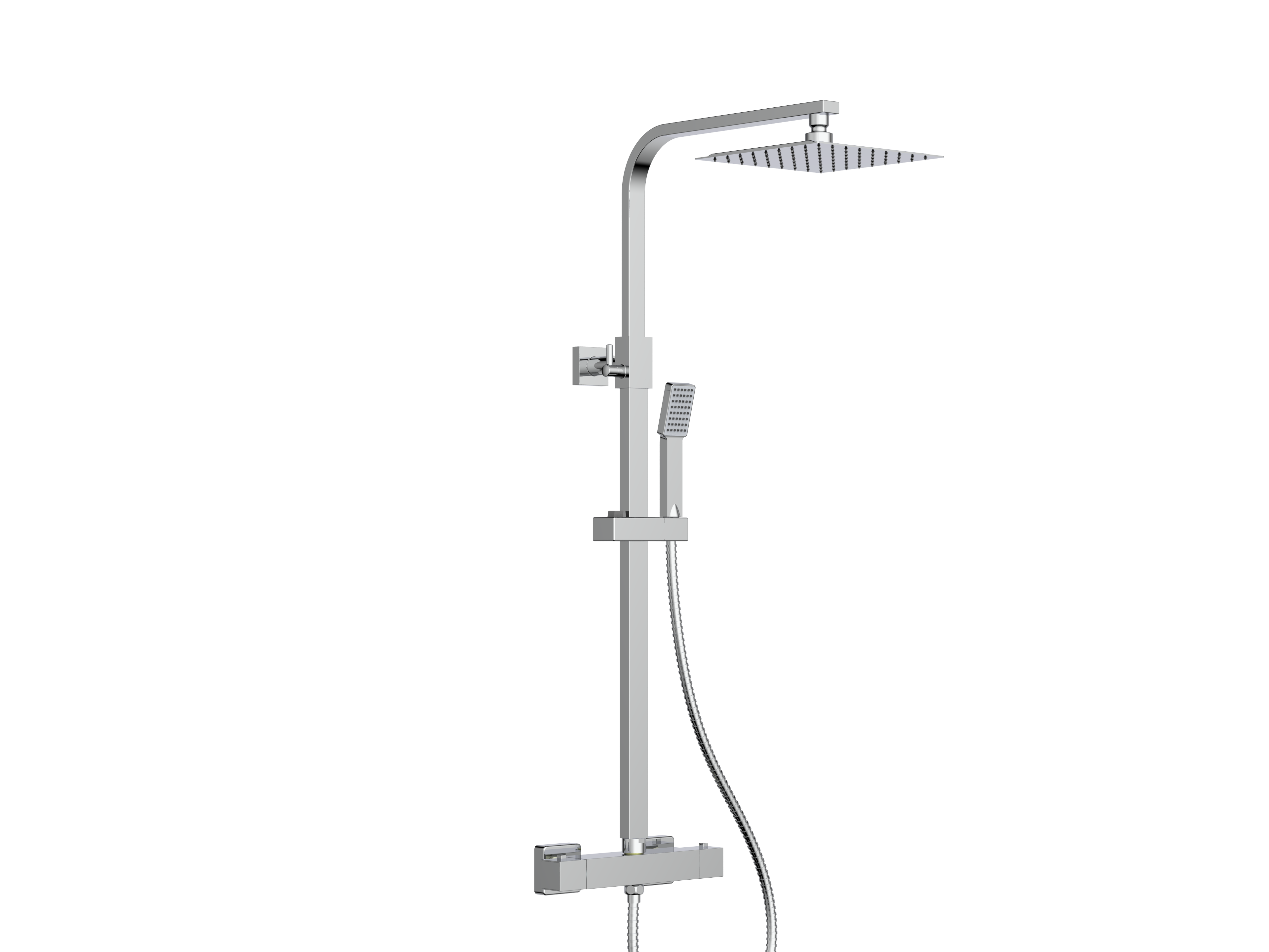 Front view of Mega Column Shower with Rail, Hose & Square Head in Chrome – modern shower set